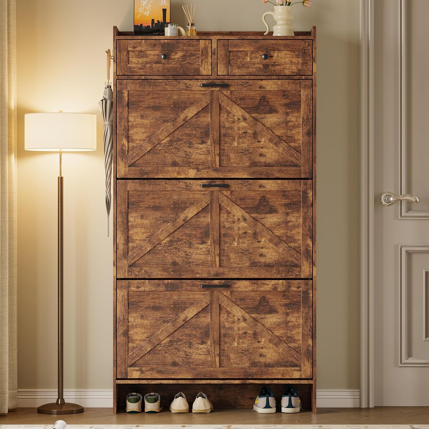 Shoe Storage Cabinet for Entryway, Farmhouse Narrow Shoe Cabinet with 3 Flip Drawers & 2 Top Drawers, Adjustable Shelves & Hooks, Freestanding Hidden Rack Organizer for Hallway, Foyer
