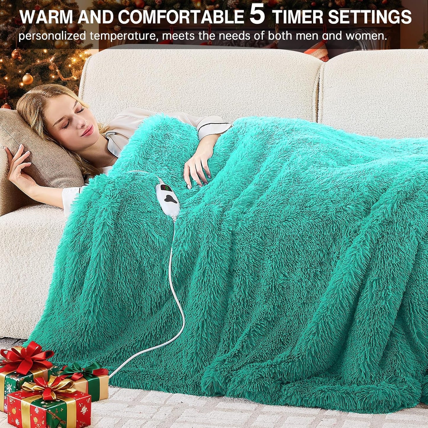 Heated Electric Blanket Throw–Faux Fur with Soft Thick Sherpa,Warm Winter Birthday Gifts for Women Grandma10 Heat Settings,5 Time Settings with Fast Heating, 50x60, Forest Mist