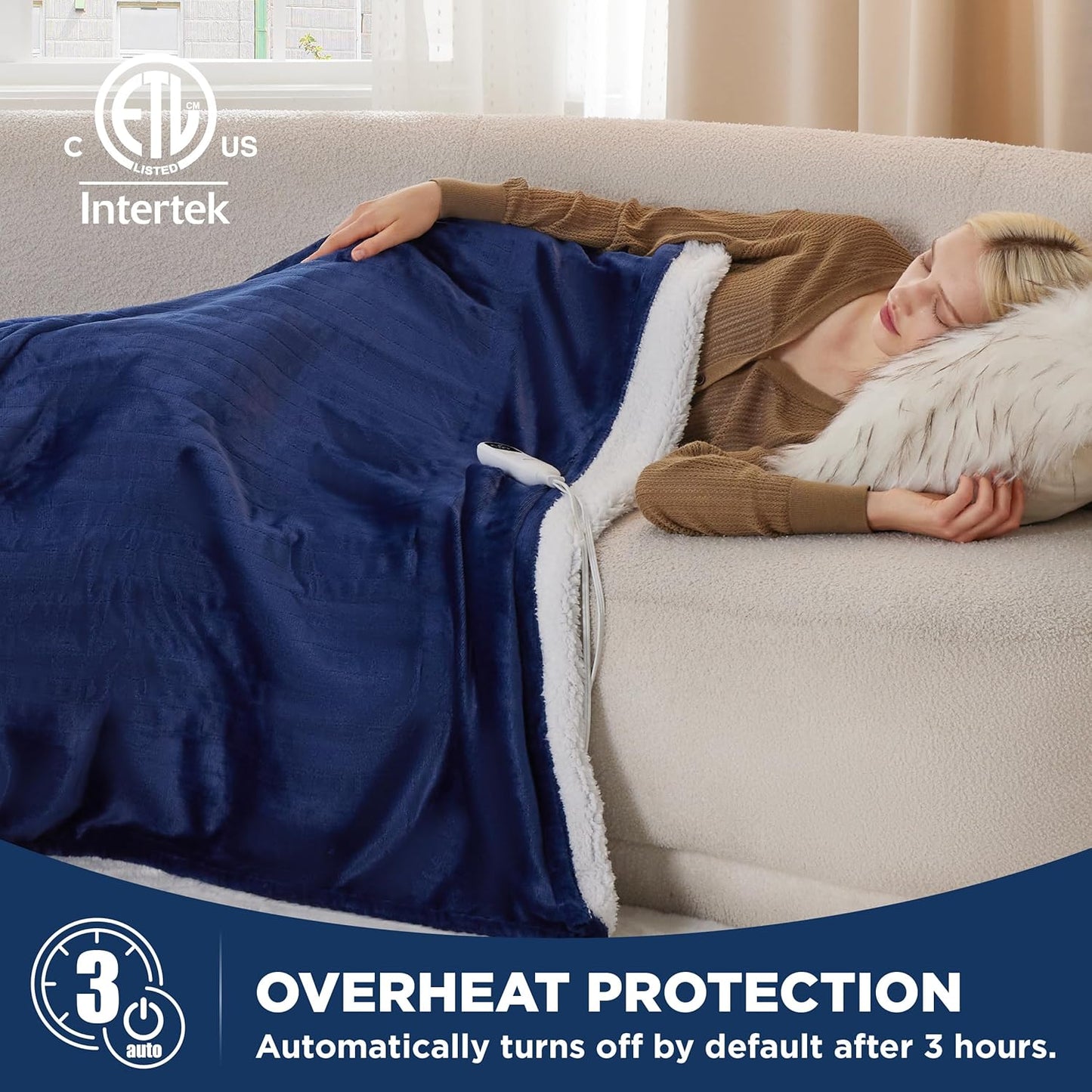 Bedsure Heated Blanket Throw Blanket - Fast Heating Electric Blanket, Soft Flannel Heated Throw with 4 Time Settings, 6 Heating Settings, Warm Gifts for Grandma, Women, Men (50"x60", Navy)
