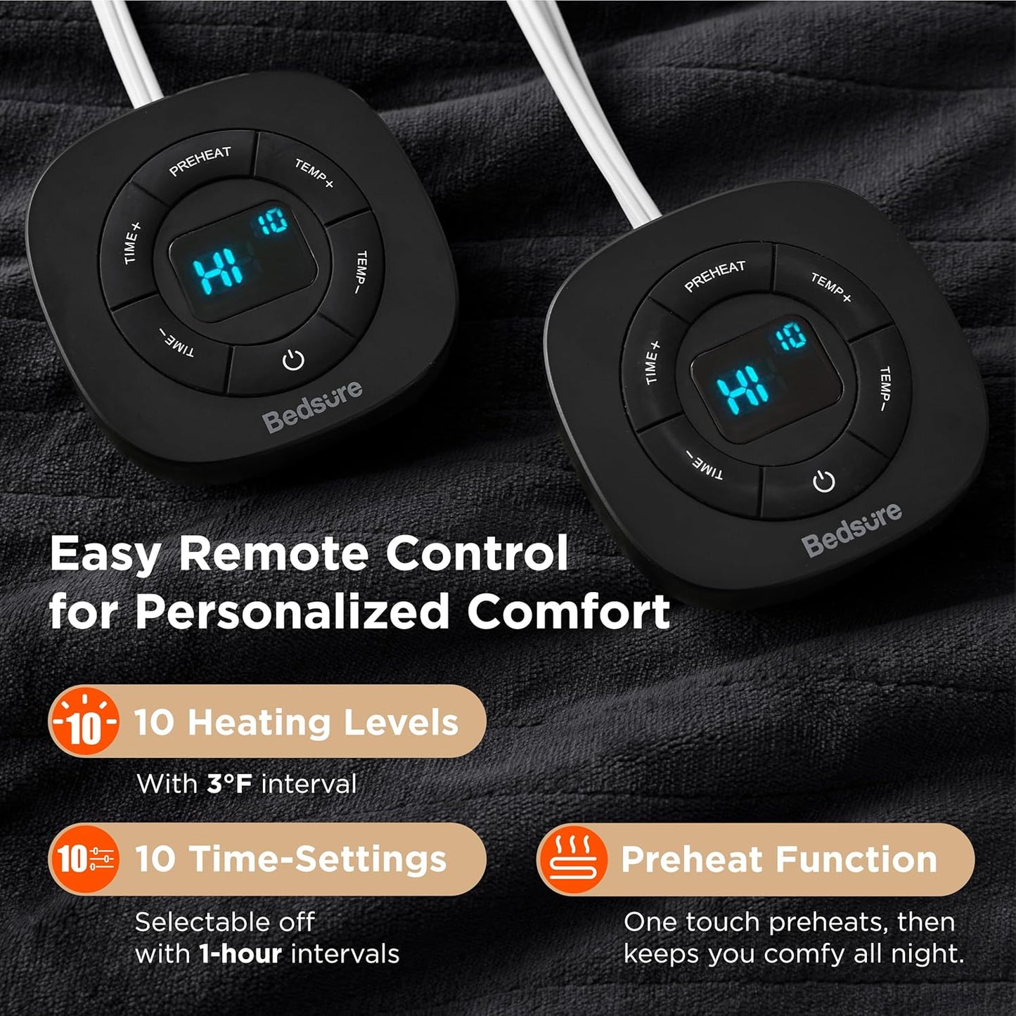 Bedsure Electric Blanket Queen Size - Dual Control Heated Blanket Queen, Fast Heating with 10 Time Settings & 10 Heat Settings, Warm Gift for Grandma (84x90 inches, Black)