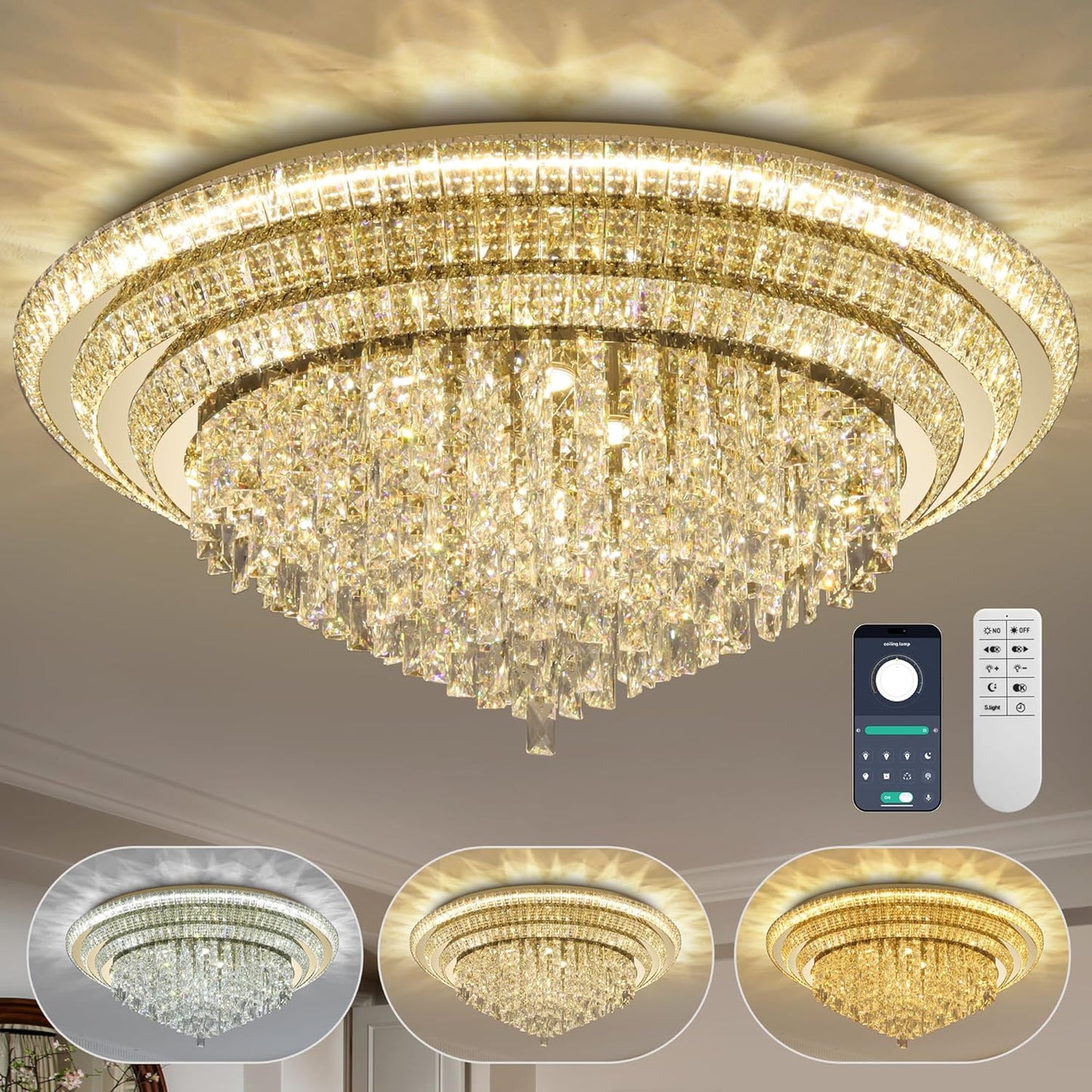 40 inch Flush Mount Crystal Chandeliers with Remote and APP Gold, Modern Elegant LED Crystal Raindrop Ceiling Light Fixture, 3CCT Dimmable, for Living Room Kitchen Island Bedroom Entryway Foyer