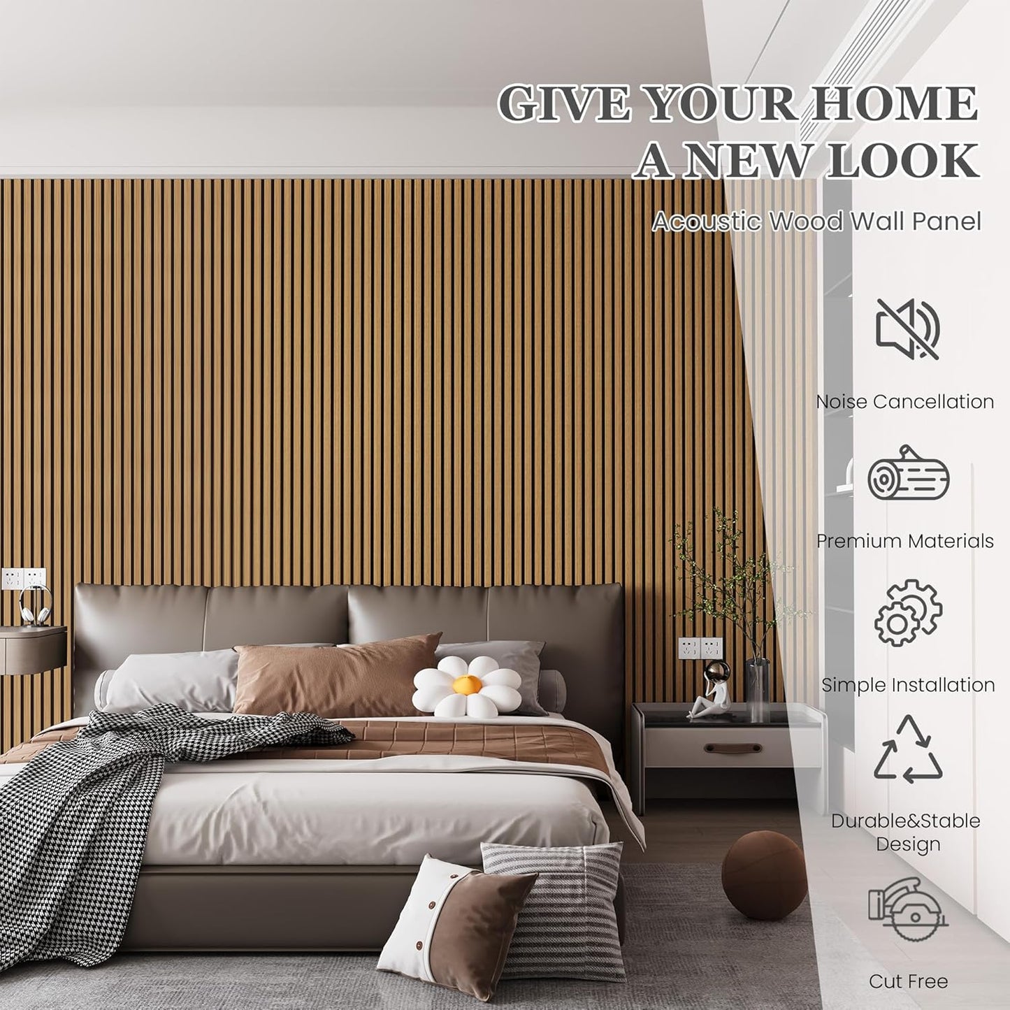 Wood Salt Acoustic Wall Panels, 6 Piece 94" x 7.9" x 0.8" Soundproof Wooden Wall Panels, 3D Fluted Sound Absorbing Panel, Teak