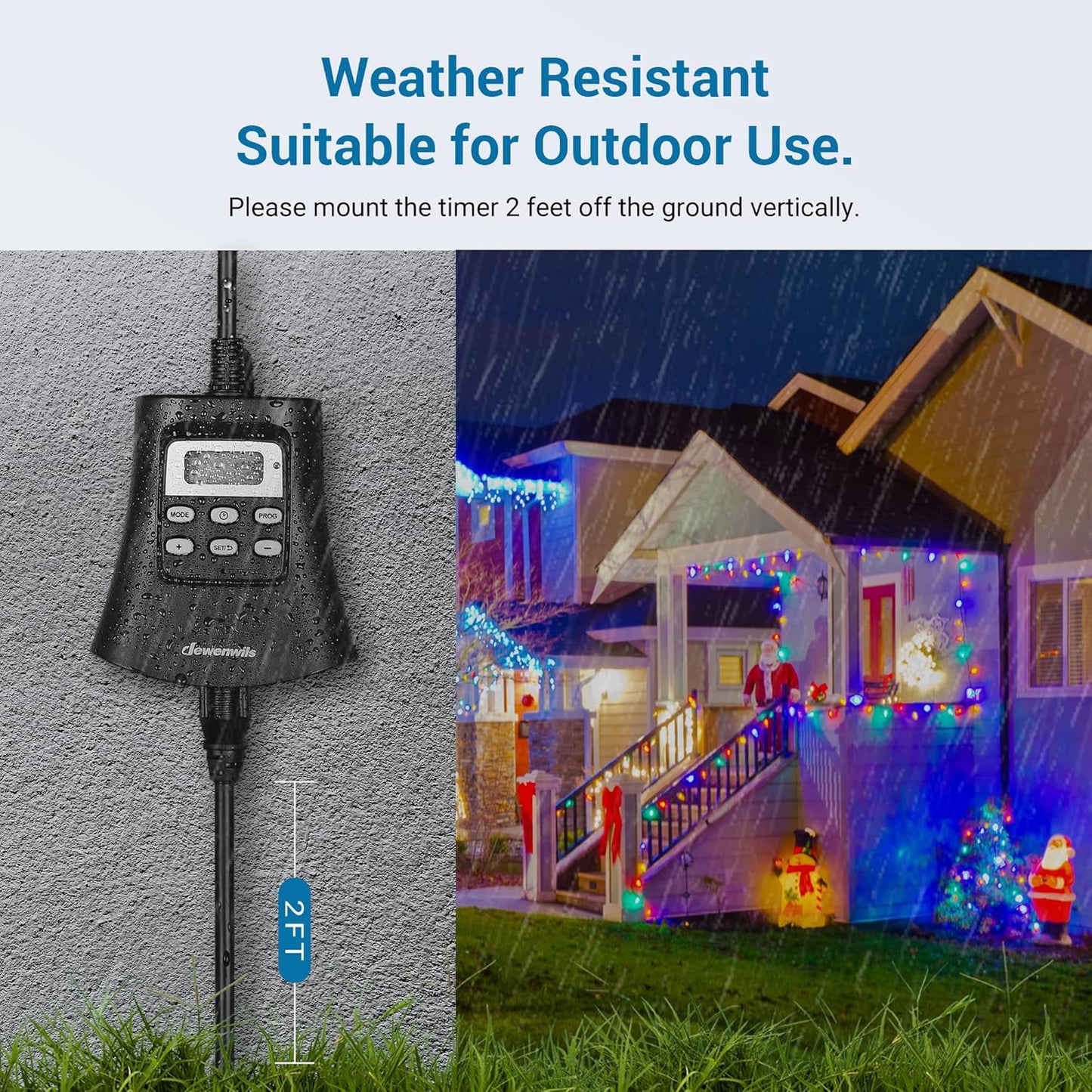 DEWENWILS Outdoor Digital Timer for Lights, 7-Day Programmable Plug in Timer with 3 Grounded Outlets for Christmas Landscape String Light, 15A, 1/3 HP UL Listed