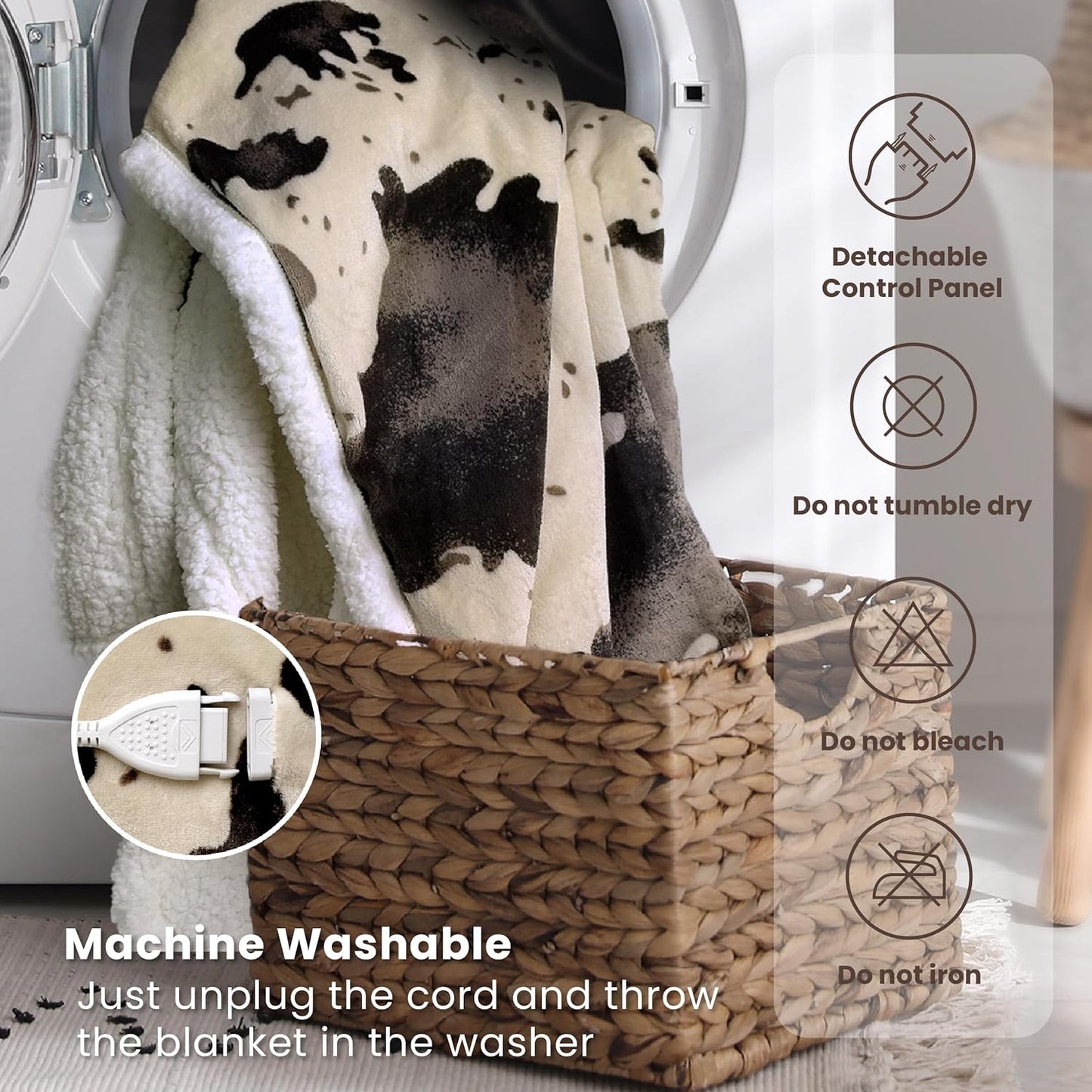 Cow Print Heated Blanket Twin-Heating Electric Blanket Twin with 10 Heat Levels & 10 Hours Auto-Off, Cozy Soft Fleece Sherpa, Washable, 62 x 84 Inche Cow Print Light Brown