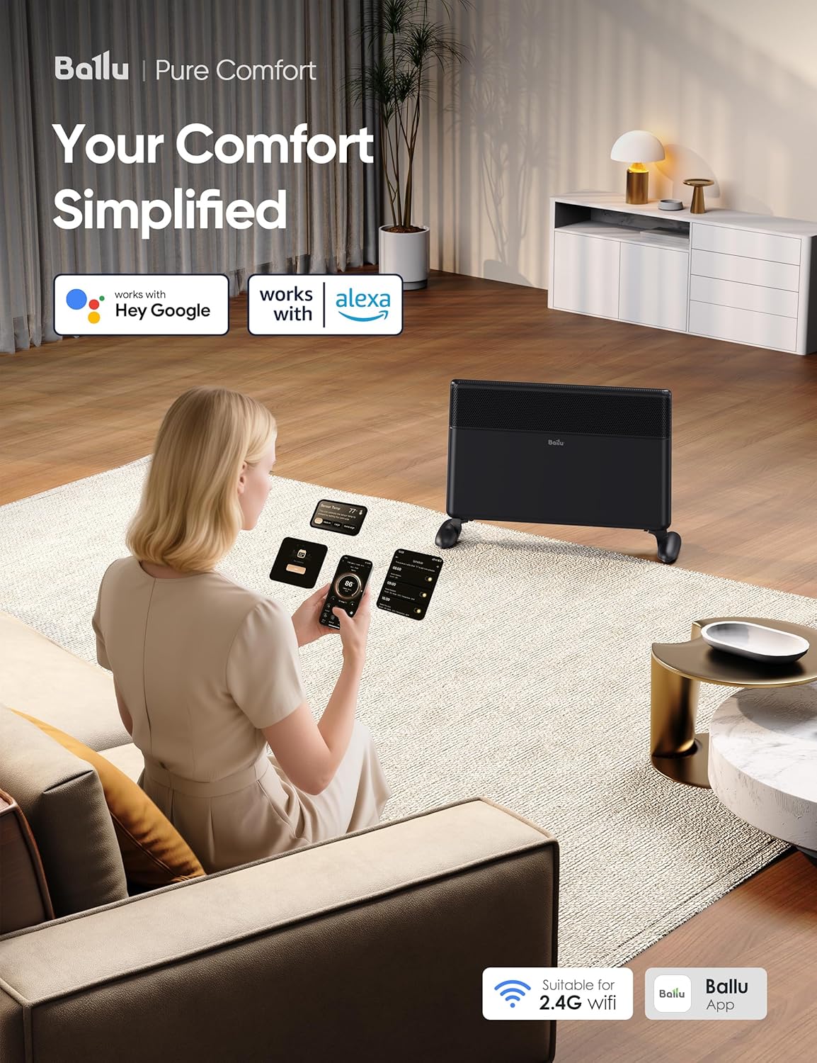 Ballu Convection Panel Heater,1500W Space Heater for Large Room Indoor use with Programmable Thermostat,WiFi App Control,Smart Quiet,Works with Alexa,Black