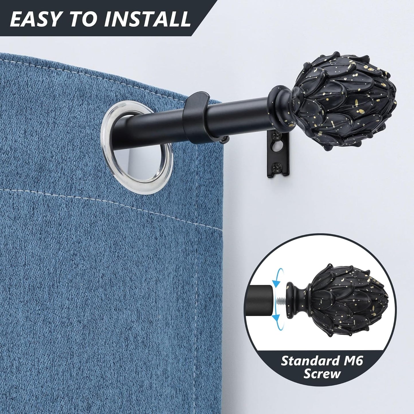 Curtain Rods for Windows 48 to 84 Inches 1 Inch Diameter Adjustable Drapery Rod Decorative Single Window Curtain Rods with Classic Finials,Black