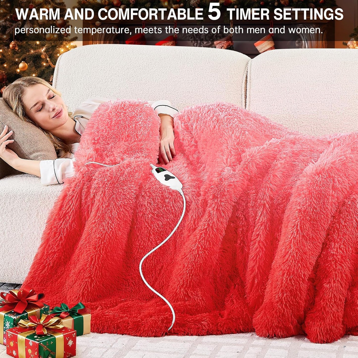 Heated Electric Blanket Twin,Warm Winter Birthday Gifts for Women Her Grandma–Faux Fur with Soft Sherpa,10 Heat Settings,5 Time Settings with Fast Heating, 62x84, Ruby Wine