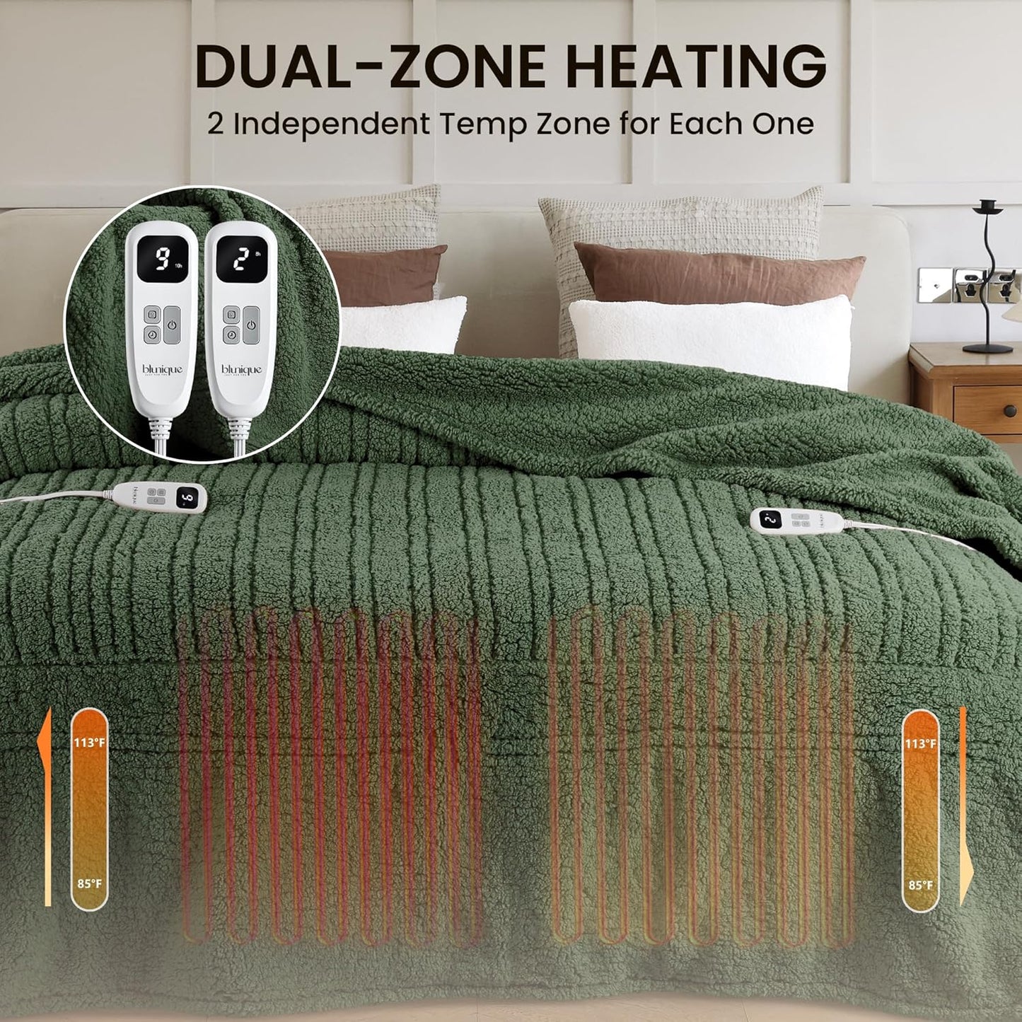 Heated Blanket Electric Blanket King - Fast Heating Blanket Throw Dual Control Double Sided Sherpa with 10 Heating Levels & 2-10 Hours Auto Off, Mashine Washable, 90 x 100 Inches, Green
