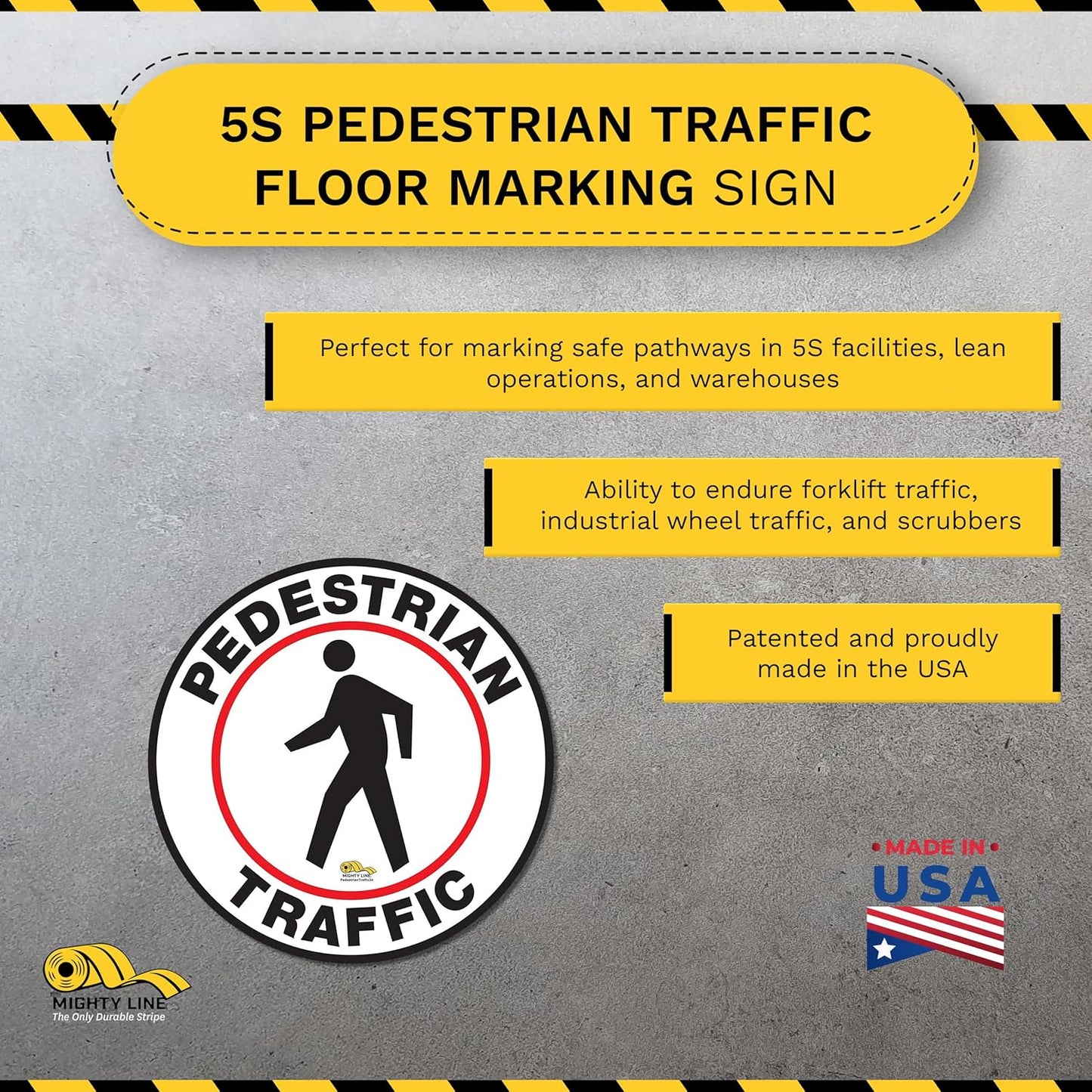 Mighty Line Pedestrian Traffic Crossing Walkway Floor Sign for Safety, Caution, Warning, Heavy-Duty, Peel and Stick, Adhesive, Industrial Quality, 12"