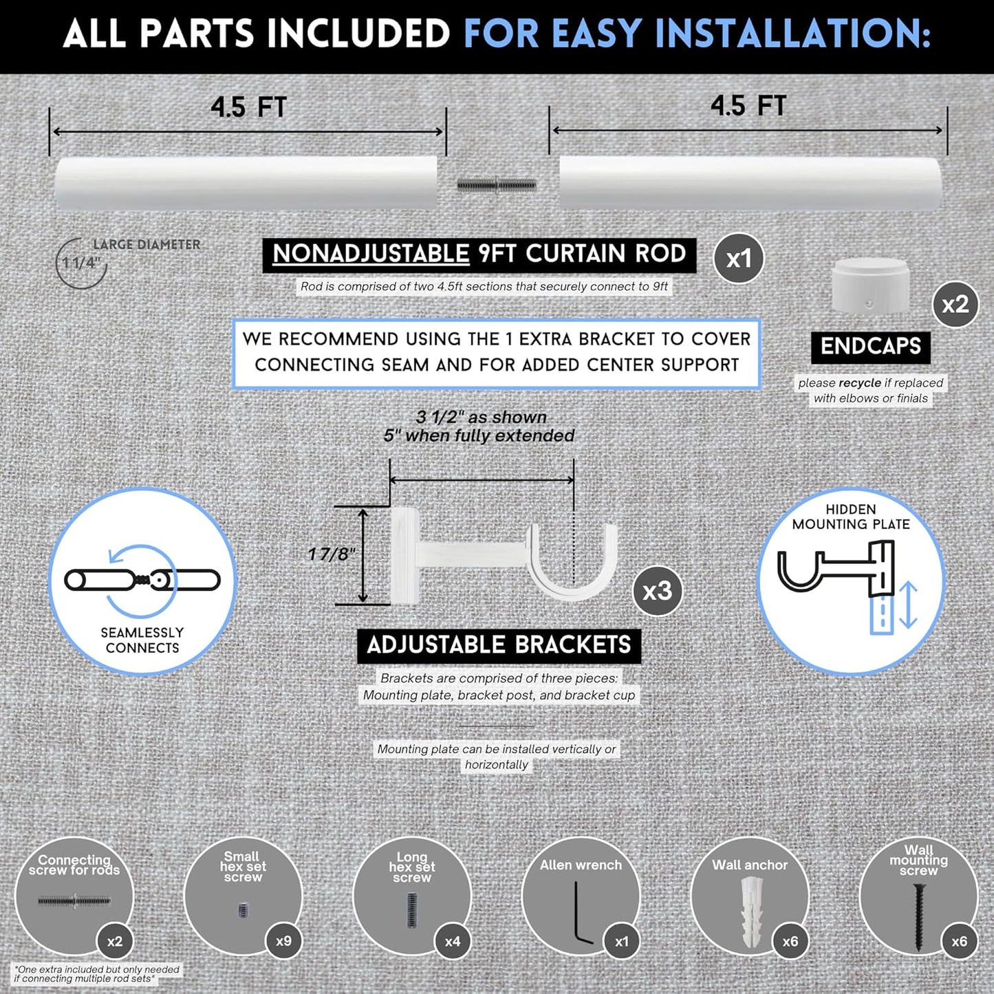 BlastHome® Non-Adjustable Luxury Curtain Rods for Windows, 1 ¼” Rod Set, 9 foot Fixed Length (Two Rods Connect for a Seamless Look), Brushed White