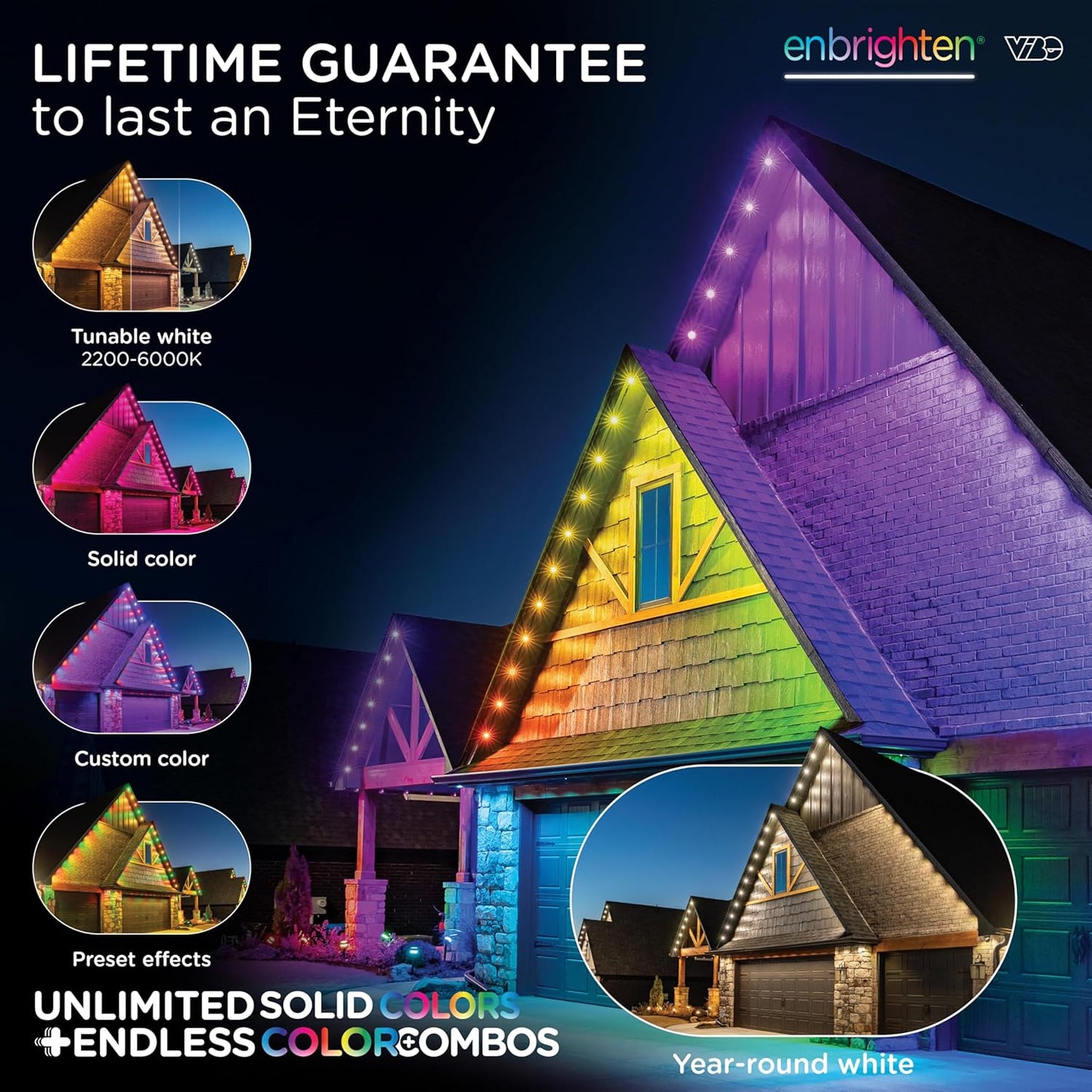 Enbrighten Vibe Eternity Permanent Outdoor Lights for House, 150ft, 108 RGBWIC LEDs, Close Spacing, 33lm, Color Changing, Christmas, Eave Lighting, Smart App, Works with Alexa, Google Home, 85102