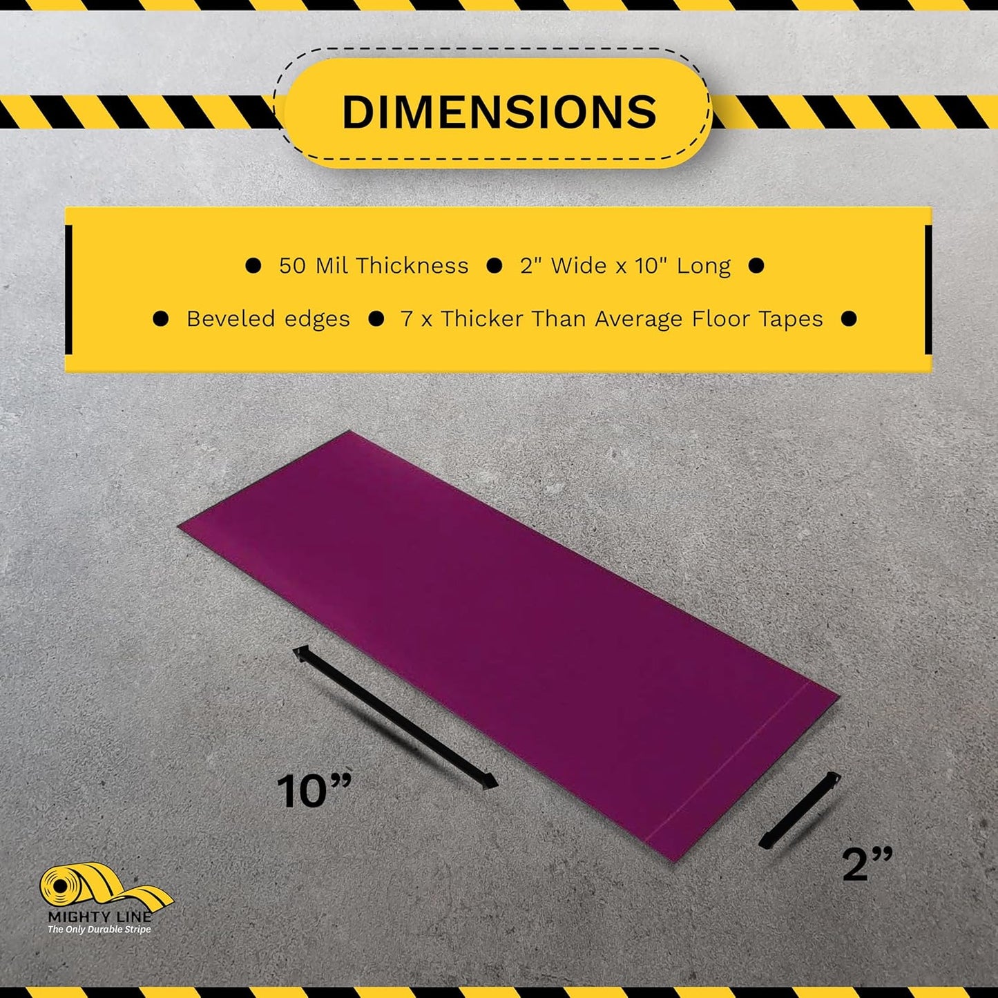 Mighty Line Floor Marking Tape Strips for Safety, Caution, Warning, Heavy-Duty, Peel and Stick, Adhesive, Industrial Quality, Purple, 2" by 10"