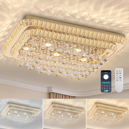 32 inch Crystal Flush Mount Gold Chandelier Remote/APP, Modern Raindrop LED Ceiling Light, 3CCT Dimmable & Brightness Adjustable,Elegant Chandeliers for Bedroom Hallway Dinning Room Living Room