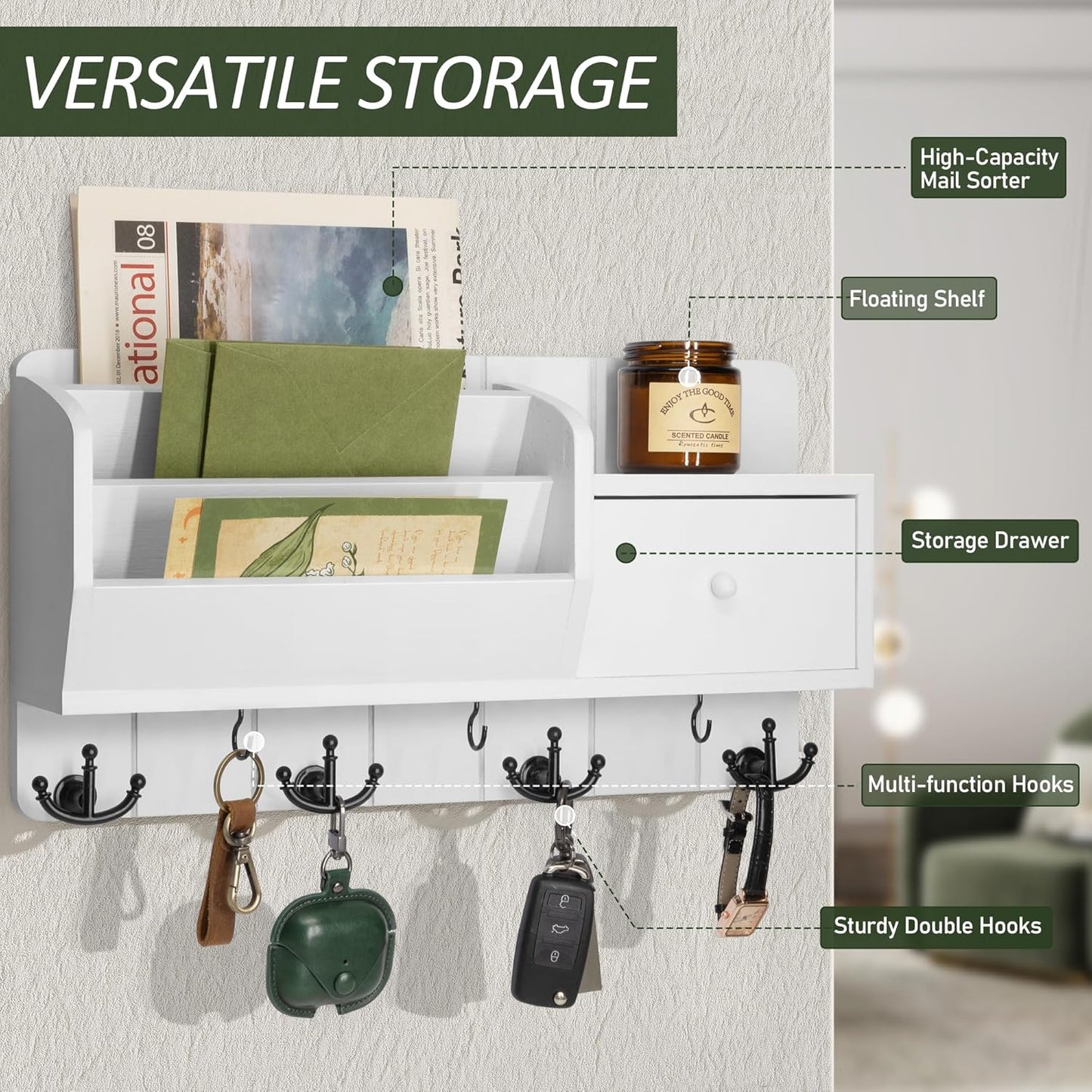 Rebee Vision Key Holder Wall Mount and Mail Organizer : Farmhouse Key and Mail Holder for Wall with Drawer and 7 Key Hooks - Decorative Home Organization for Wall Decor Aesthetic (White)