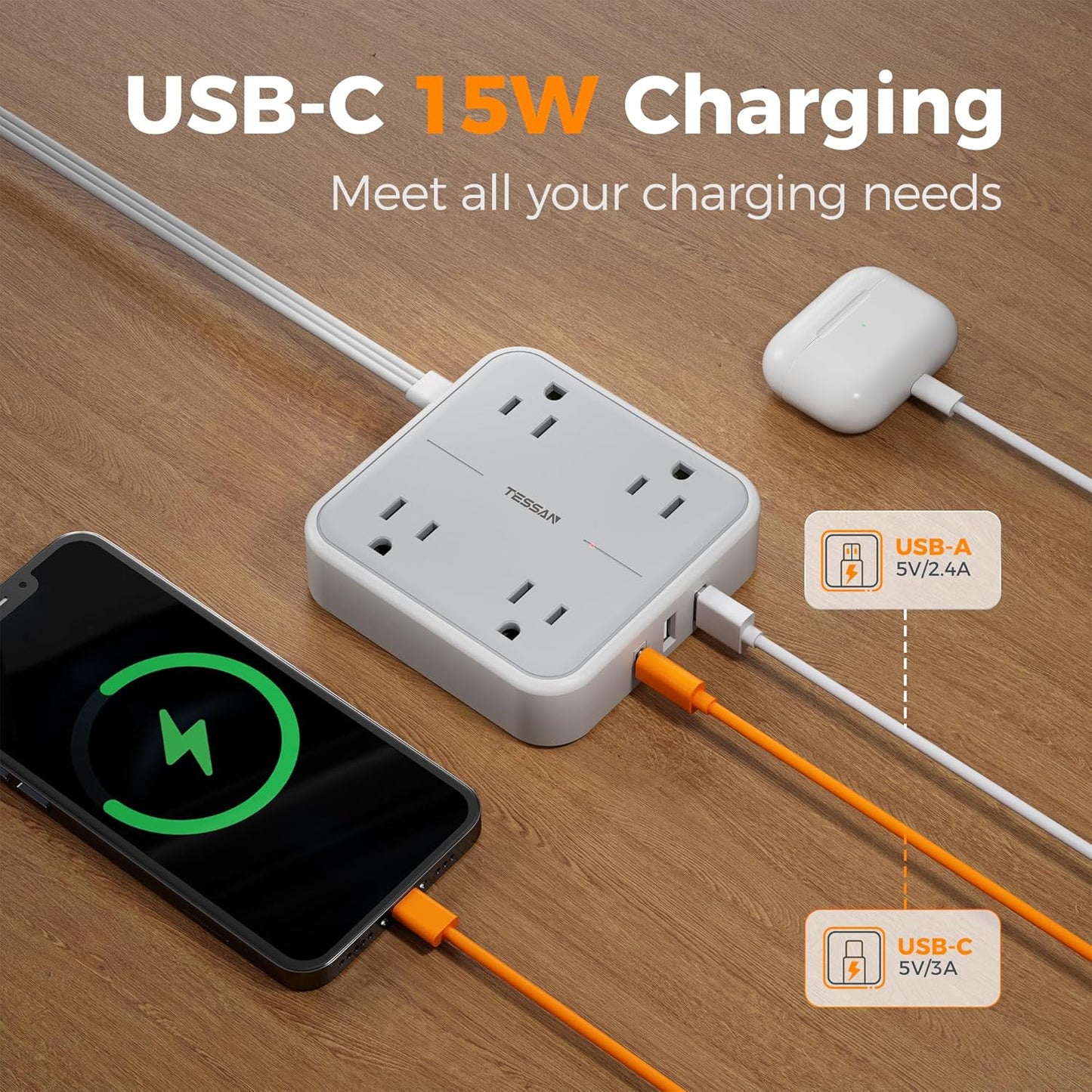 Surge Protector Flat Extension Cord 15Ft, TESSAN Flat Plug Power Strip with 4 Outlets 3 USB Ports (1 USB C), 900 Joules Protection, Multiple Wall Outlet Extender Suitable for Home Office Dorm, Grey