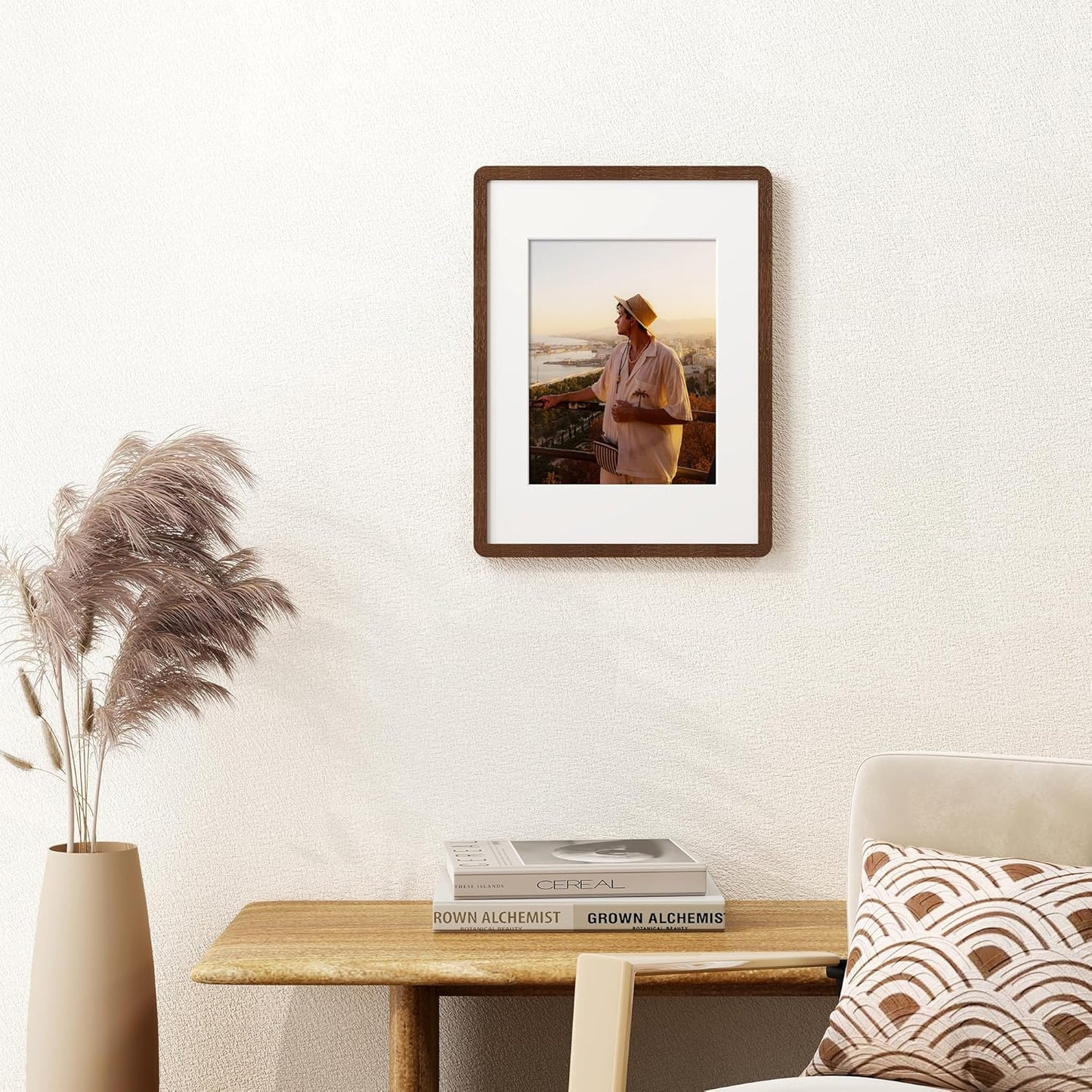 Solid Oak Wood 12x16 Picture Frame, Farmhouse 12 x 16 Wooden Frames, 12x16 Frame Matted to 8.5x11, Tempered Real Glass, 12"x16" Frames Minimalist Art Frame for Home Deocr, Walnut Color, 1 Pack