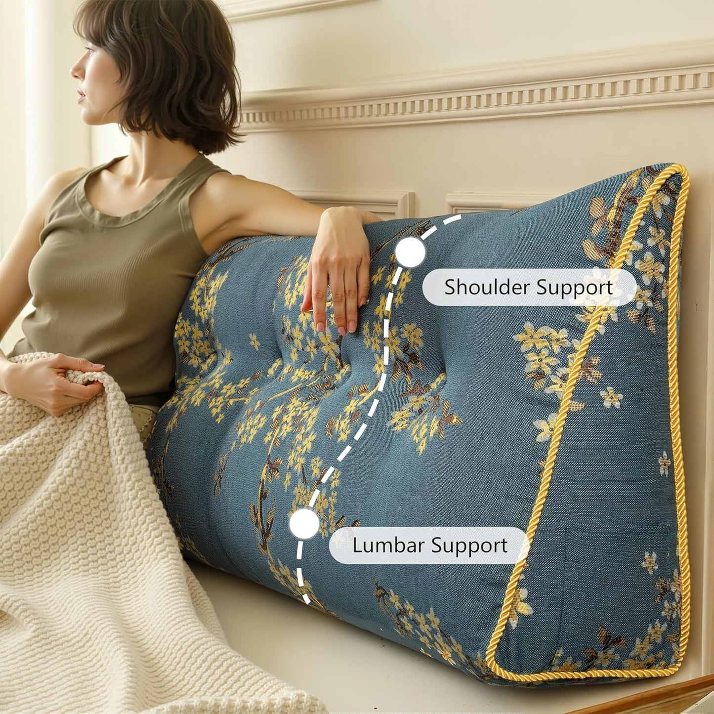 WOWMAX Headboard Pillow Queen Triangular Wedge Pillow for Headboard Wedge Pillow Headboard for Daybed Bunk Bed Large Bolster Pillow for Bed with Removable Cover, Lake Blue