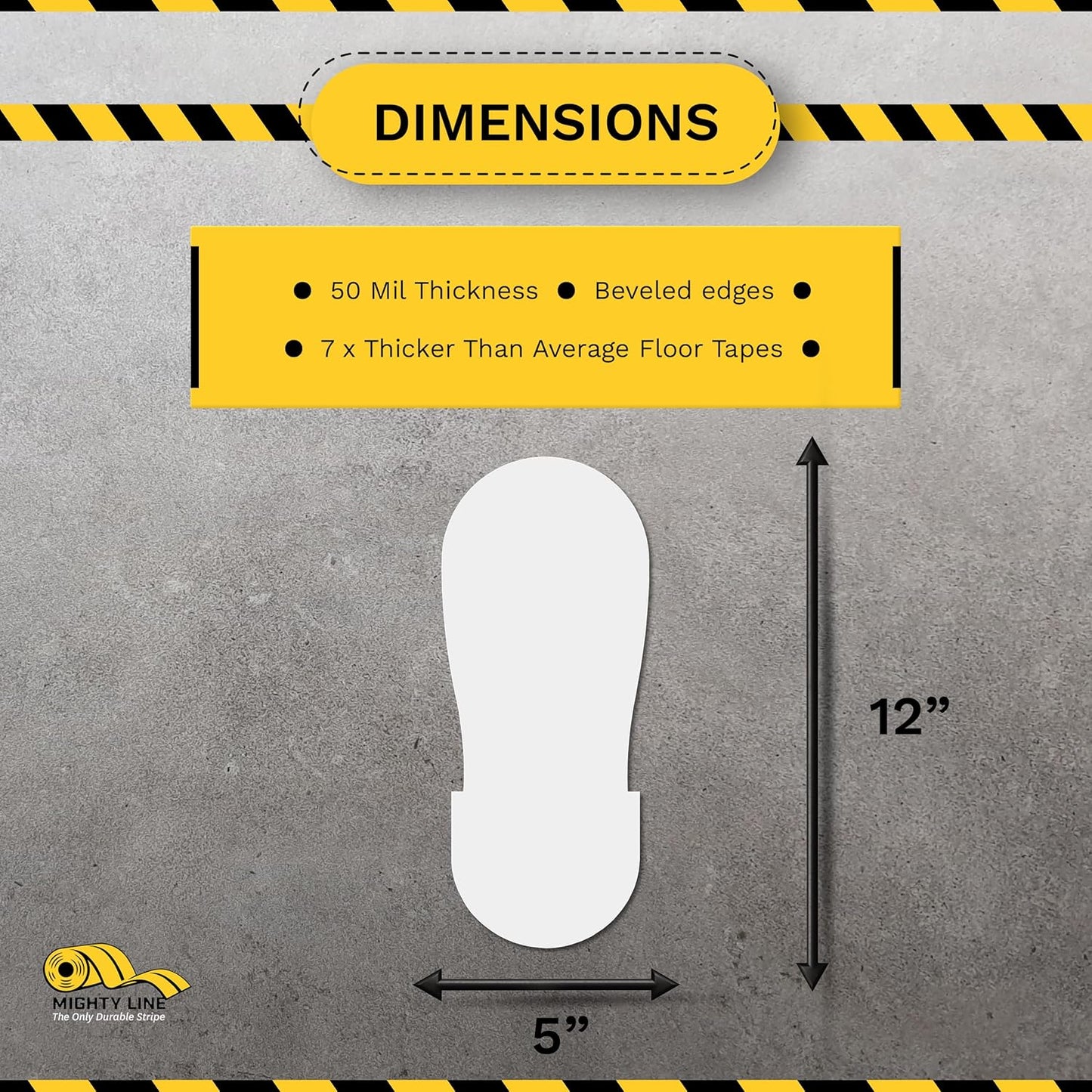 Mighty Line Big Footprints Floor Marking Tape for Safety, Caution, Warning, Heavy-Duty, Peel and Stick, Adhesive, Industrial Quality, 12" Long x 5" Wide, White, Pack of 50