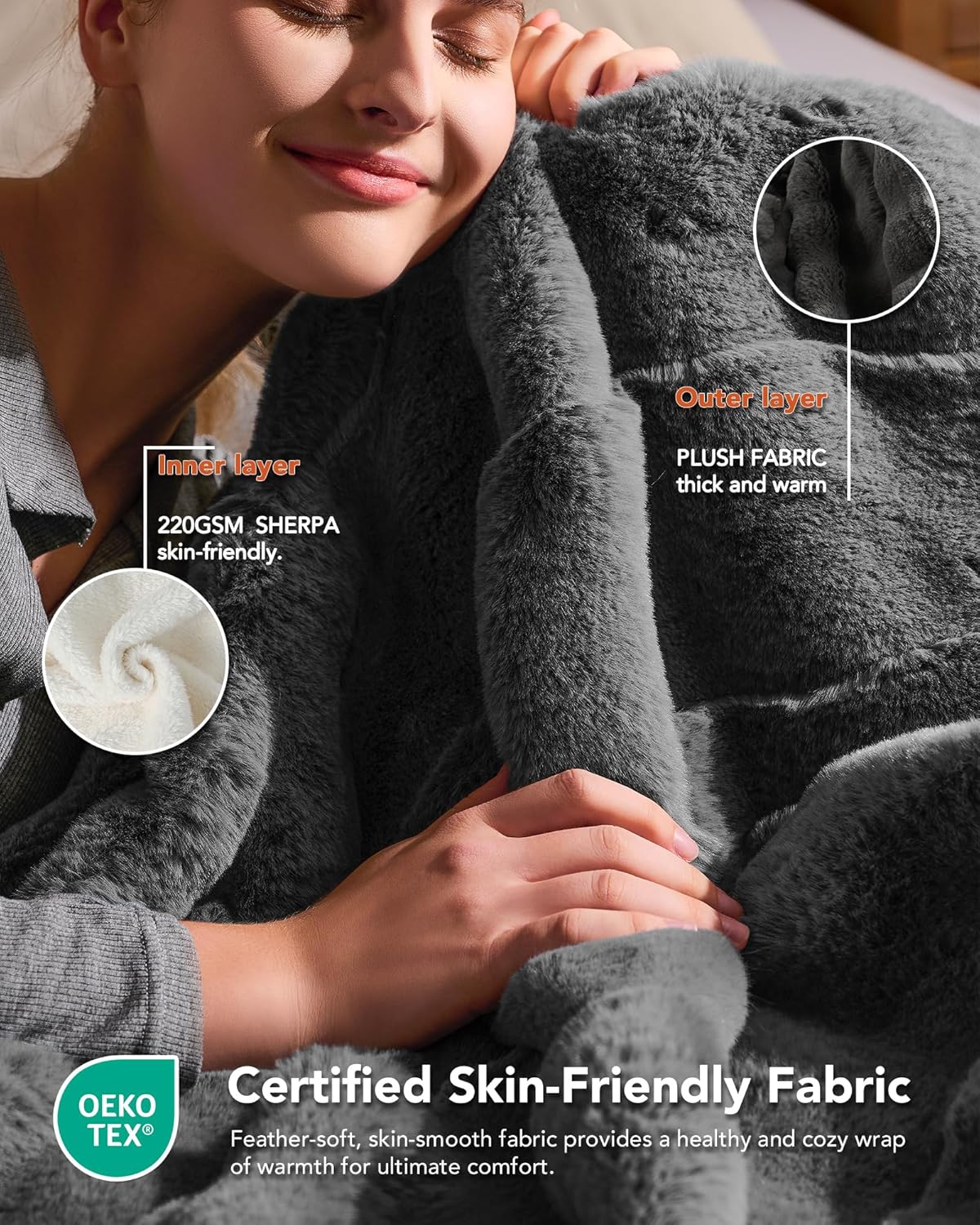 Homemate Heated Blanket Electric Throw - 50"x60" Heating Blanket Throw 1/2/4/6/8 Hours Auto-Off 10 Heat Levels Over-Heat Protection Luxury 800 GSM Faux Fur 200 GSM Sherpa ETL Certification
