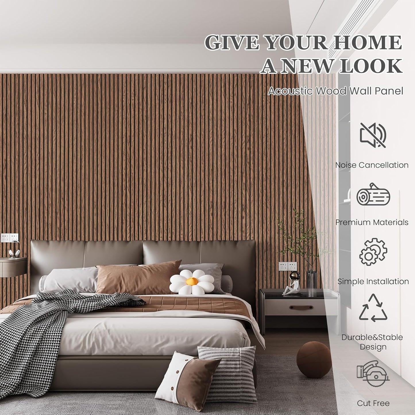 Wood Salt Acoustic Wall Panels, 2 Piece 94" x 23.6" x 0.8" Soundproof Wooden Wall Panels, 3D Fluted Sound Absorbing Panel, Red Oak