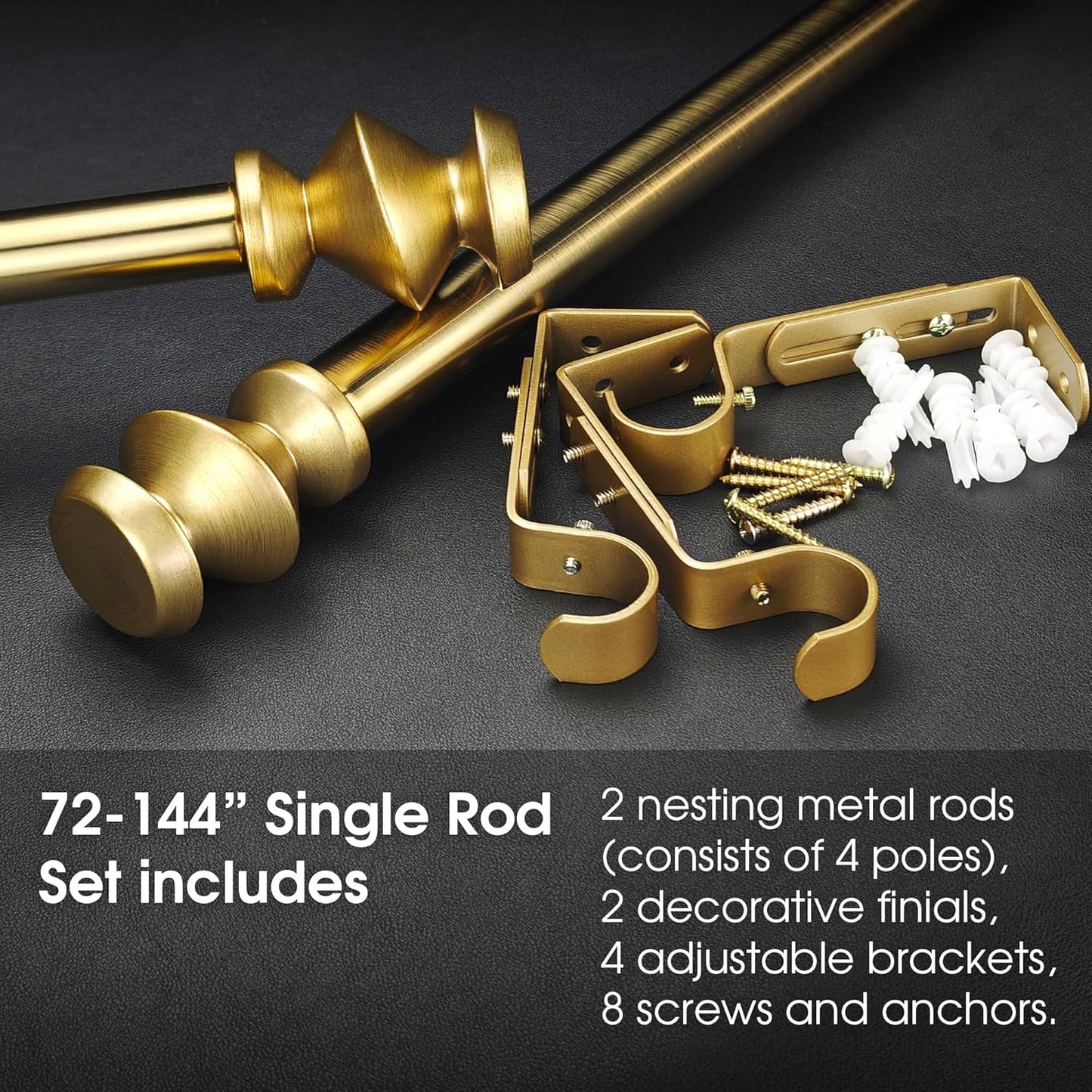 1-1/8 Inch Diameter Warm Gold Curtain Rods with Modern Geometric Finials, 72-144'' Telescoping Single Curtain Rods for window width 68-140 inch, 1 pack