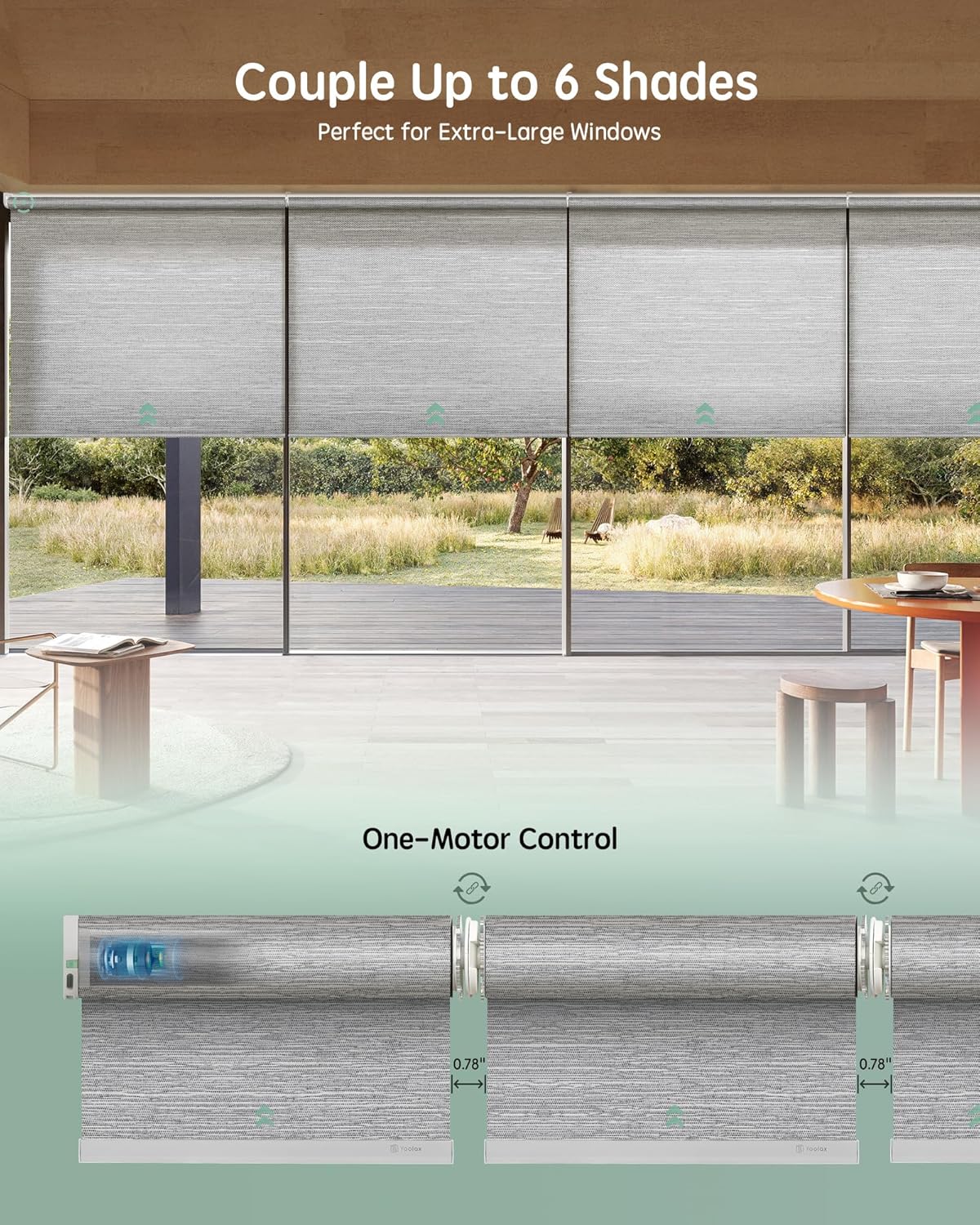 Yoolax Smart Coupled Roller Shades Compatible with Alexa Google, Motorized Blinds with Remote Light Filtering Coupled Roller Shades for X-Large Windows, Custom Size(XL Coupled-Foggy Gray)