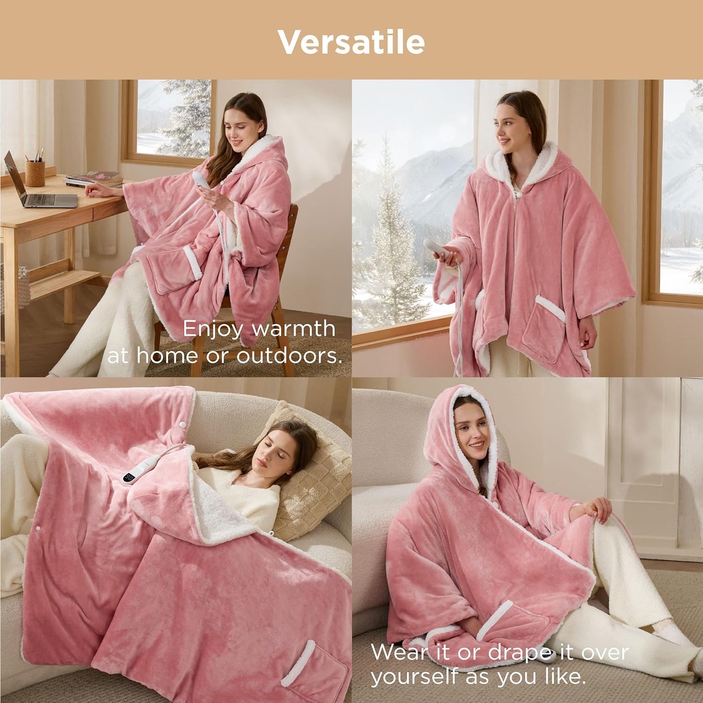 Bedsure Heated Blanket Wearable Shawl - Electric Wrap Poncho Blanket Hoodie for Adult, Winter Gifts for Mom Women Girlfriend, Warm Sherpa Heating Throw, Auto Shut Off, 55x64 inches, Pink