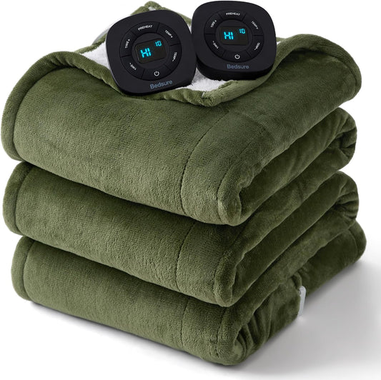 Bedsure Electric Blanket Queen Size - Dual Control Heated Blanket Queen, Fast Heating with 10 Time Settings & 10 Heat Settings, Warm Gift for Grandma (84x90 inches, Olive Green)