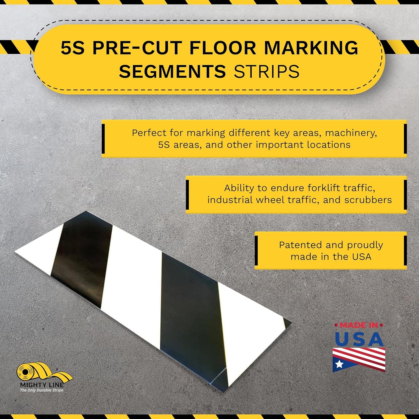 Mighty Line Floor Marking Tape Strips for Safety, Caution, Warning, Heavy-Duty, Peel and Stick, Adhesive, Industrial Quality, White and Black Hazard, 4" by 10"