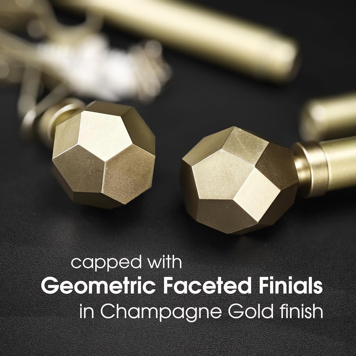 1-1/8 Inch Diameter Champagne Gold Curtain Rod with Geometric Faceted Finials, 36-72'' Telescoping Single Curtain Rods for window width 24-68 inch, 1 pack