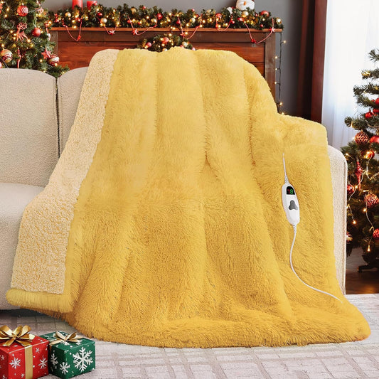 Heated Electric Blanket Throw–Faux Fur with Soft Thick Sherpa,Warm Winter Birthday Gifts for Women Grandma，10 Heat Settings,5 Time Settings with Fast Heating, 50x60, Beige