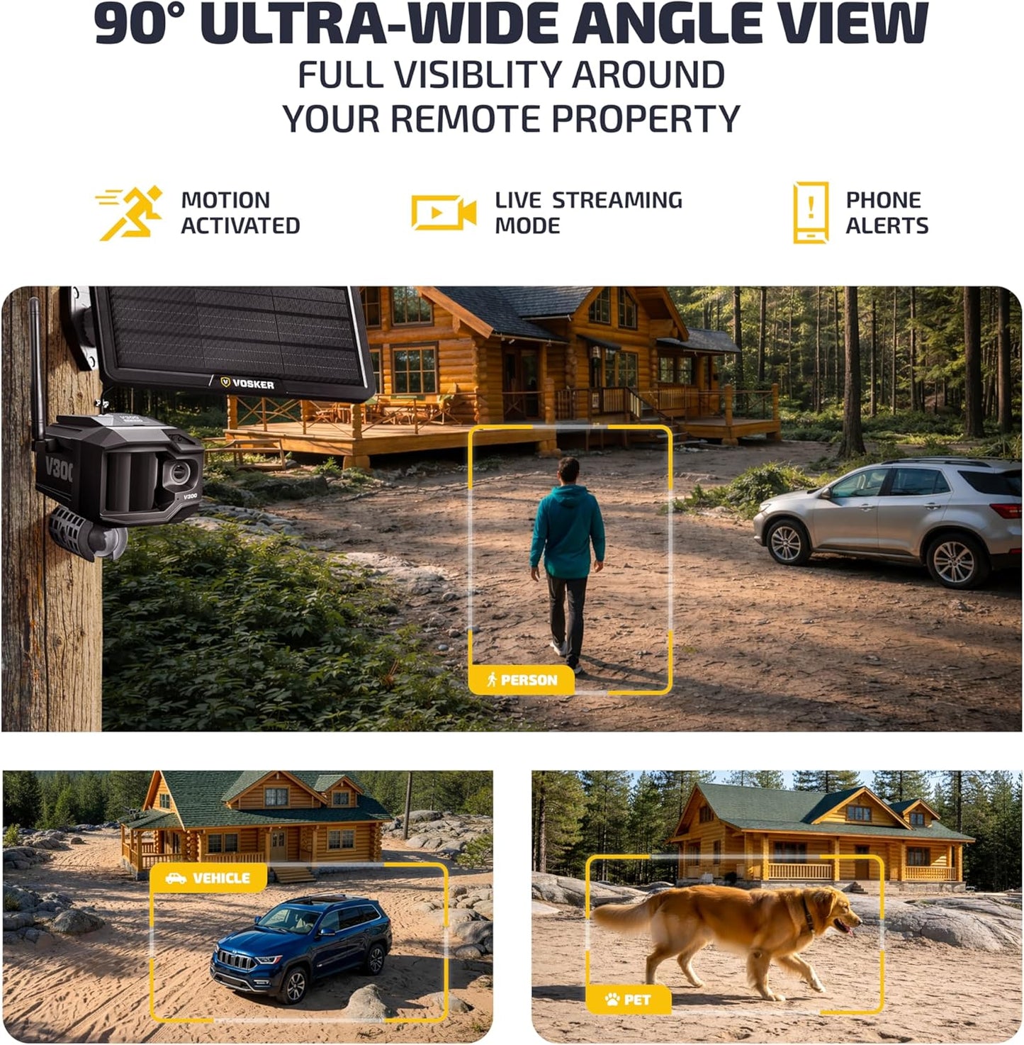 Vosker V300 Ultimate 4G-LTE Autonomous Outdoor Security Camera with External Solar Panel | High-Capacity 15,000 mAh External Solar Power Bank | SIM Cards Included | No WiFi Needed | Live Streaming