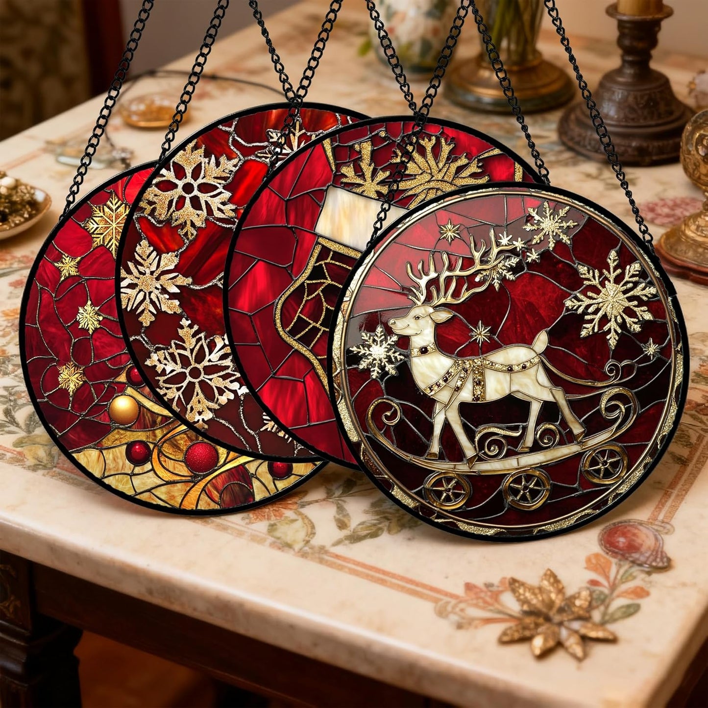 Stained Glass Window Hanging 4 Pcs Set Red Christmas Elk Snowflakes 9.8" - Deer Suncatcher Door Garden Sun Catcher Decor Birthday for Mom Woman Nana Men Friend