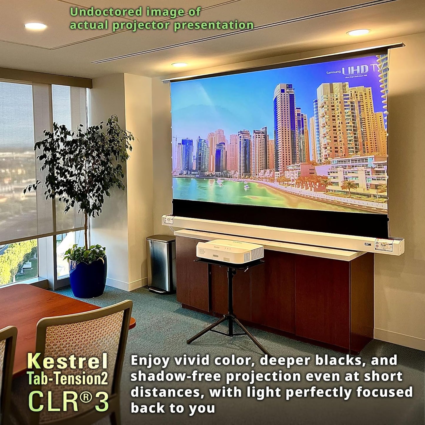 Elite Screens Kestrel Tab-Tension 2 CLR3, 101" 16:9, Ultra-Short Throw Ceiling Ambient Light Rejecting (CLR/ALR) Electric Floor-Rising Motorized Front Projector Screen,White Casing, FTE101XH3-CLR3