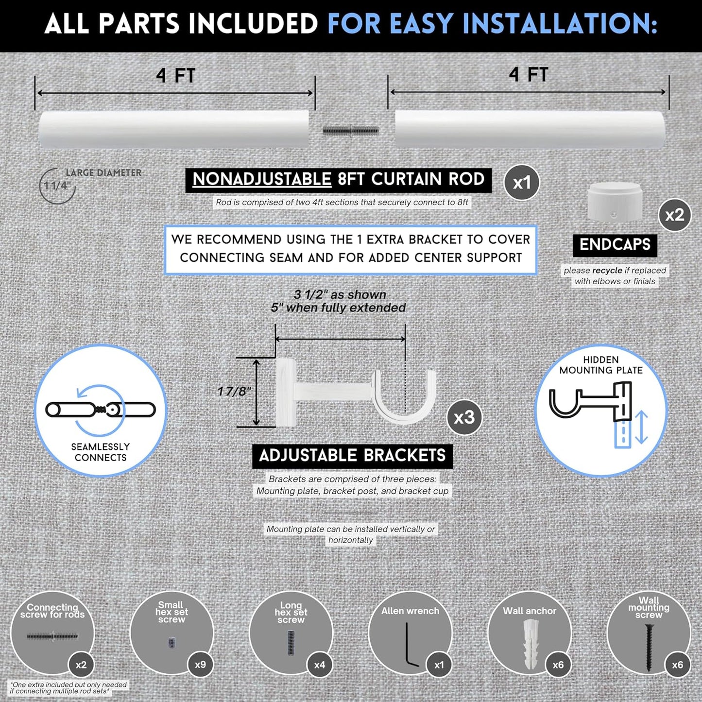 BlastHome® Non-Adjustable Luxury Curtain Rods for Windows, 1 ¼” Rod Set, 8 foot Fixed Length (Two Rods Connect for a Seamless Look), Brushed White