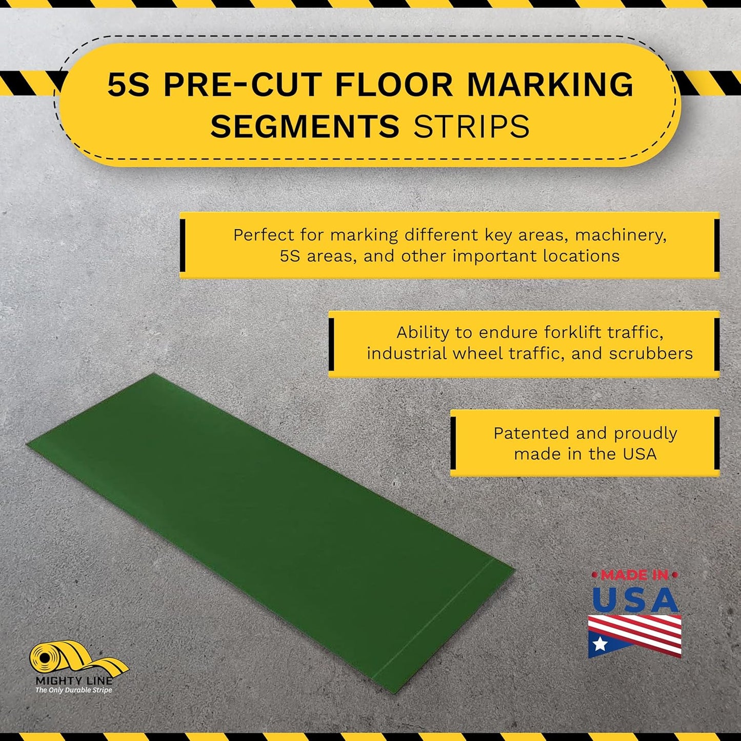 Mighty Line Floor Marking Tape Strips for Safety, Caution, Warning, Heavy-Duty, Peel and Stick, Adhesive, Industrial Quality, Green, 4" by 10"