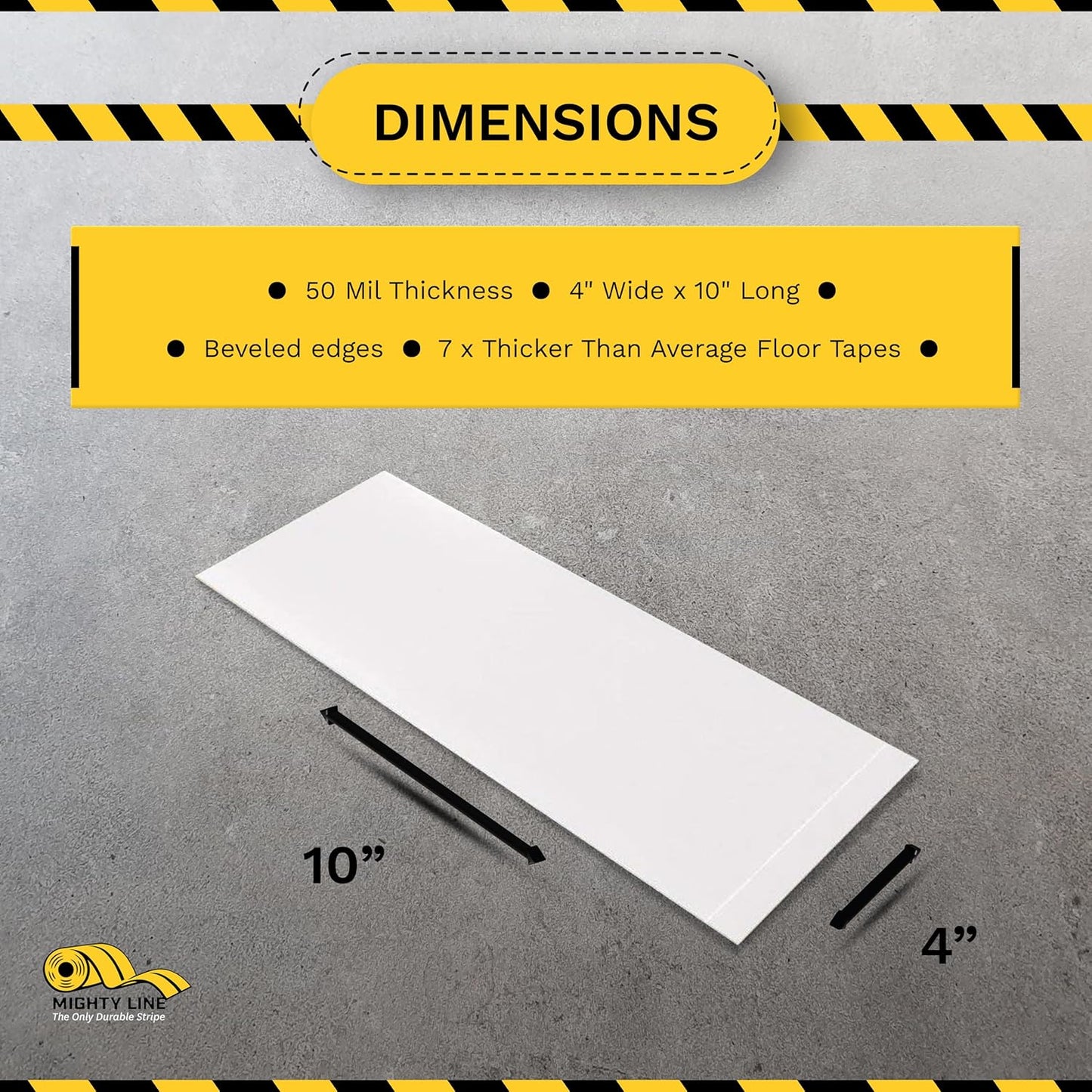 Mighty Line Floor Marking Tape Strips for Safety, Caution, Warning, Heavy-Duty, Peel and Stick, Adhesive, Industrial Quality, White, 4" by 10"