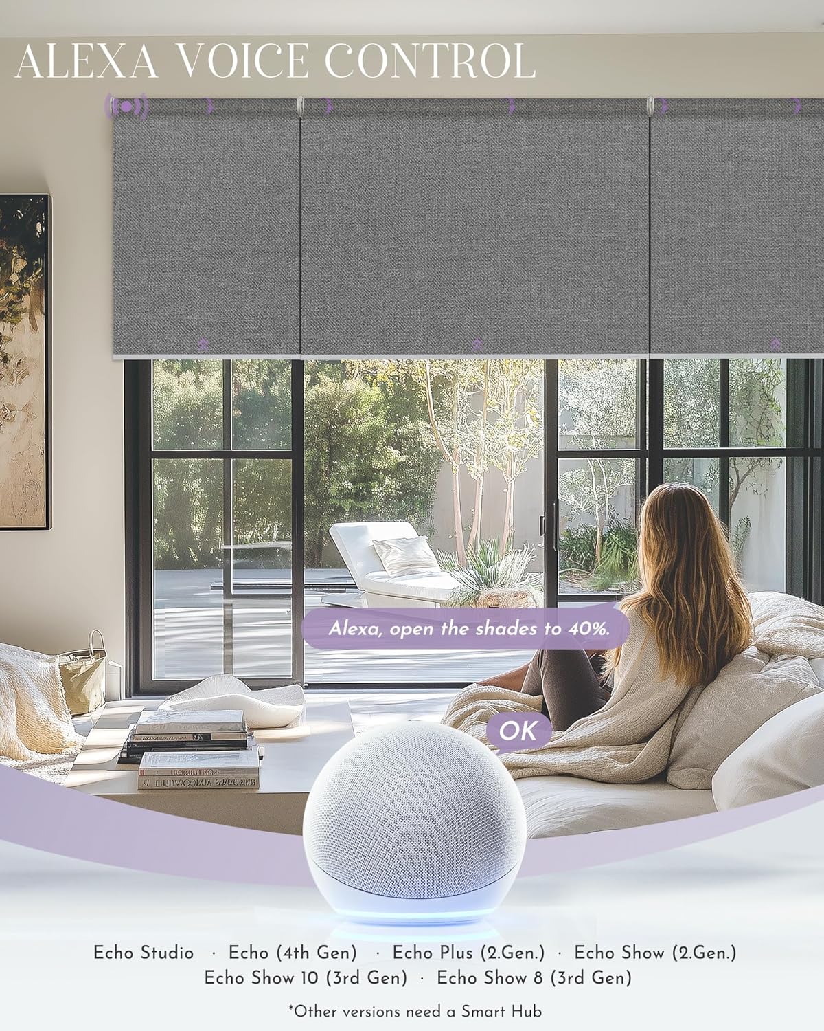 Graywind Smart Coupled Roller Shades Compatible with Alexa Google Custom Size Extra Large Motorized Blinds for Windows(Weaving Cloud)