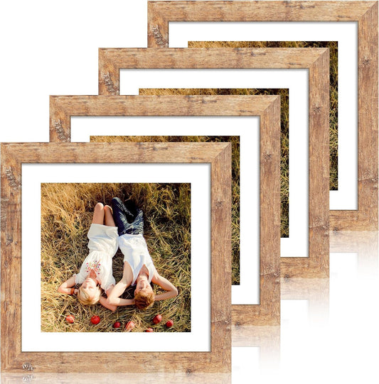 iRahmen 10x10 Picture Frame Set of 4 with Real Glass, Rustic Brown Frames Display 8x8 Picture with Mat or 10 x 10 Without Mat, Wooden Square Photo Frame for Wall Mount and Tabletop Display