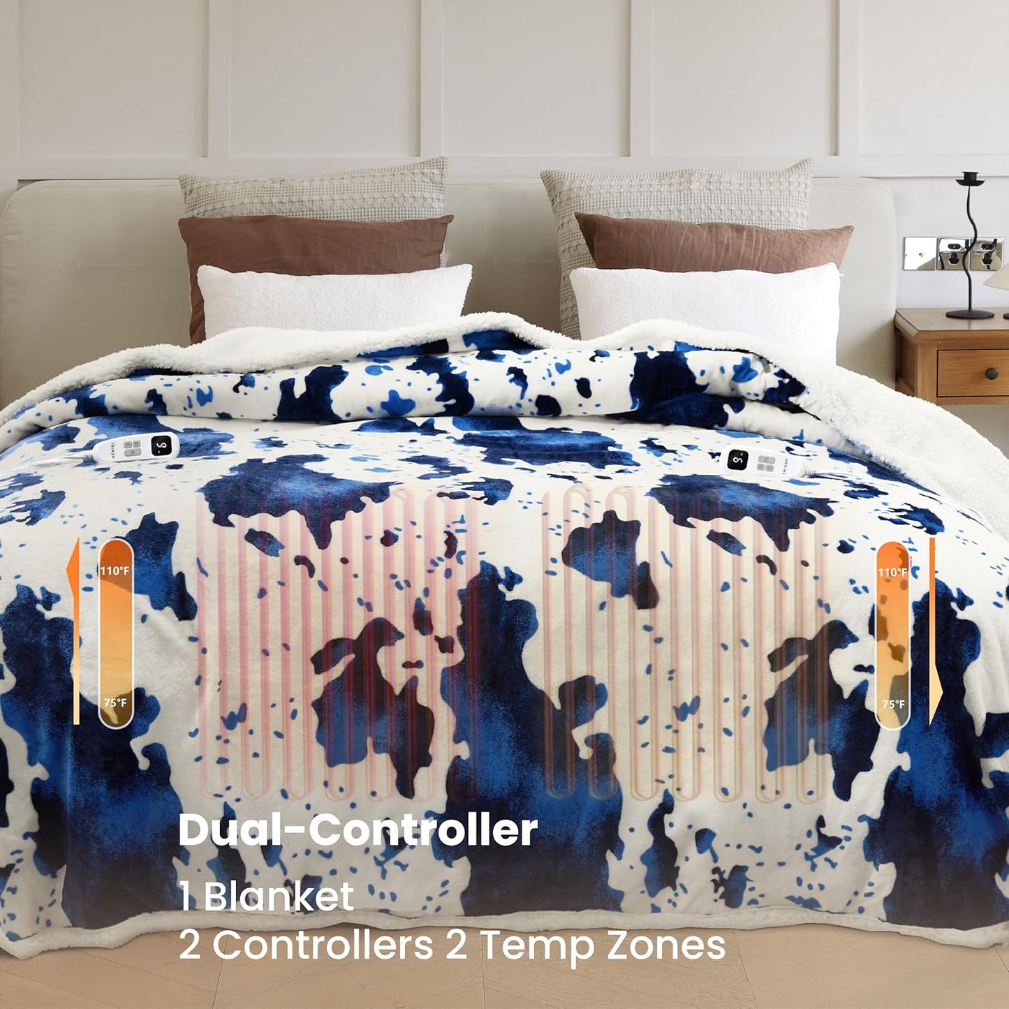 Cow Print Heated Electric Blanket King Size-Dual Control Heating Blanket King Size with 10 Heat Levels & 10 Hours Auto-Off, Cozy Soft Fleece Sherpa, Washable, 90x100 Inche Cow Print Blue