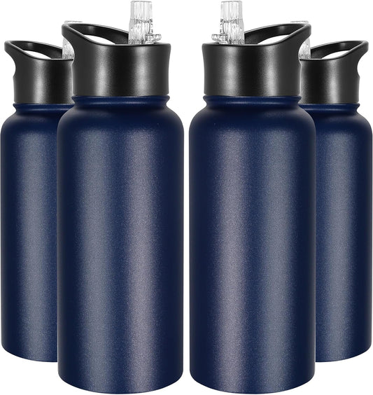 VEGOND 32 oz Insulated Water Bottle Bulk Stainless Steel Metal Water Bottles with Leak Proof Straw Lid & Spout Lid, Wide Mouth Double Walled Vacuum Travel Sports Bottle, 4 Pack