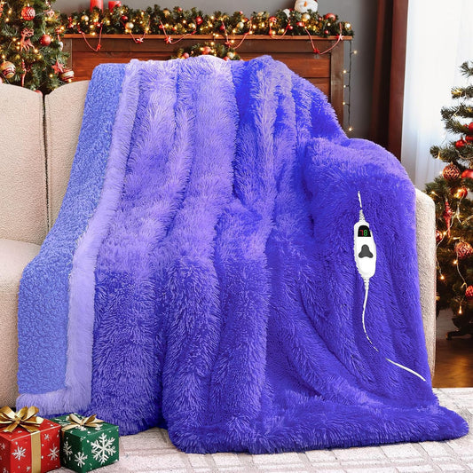 Heated Electric Blanket Twin,Warm Winter Birthday Gifts for Women Her Grandma–Faux Fur with Soft Sherpa,10 Heat Settings,5 Time Settings with Fast Heating, 62x84, Sunset Purple