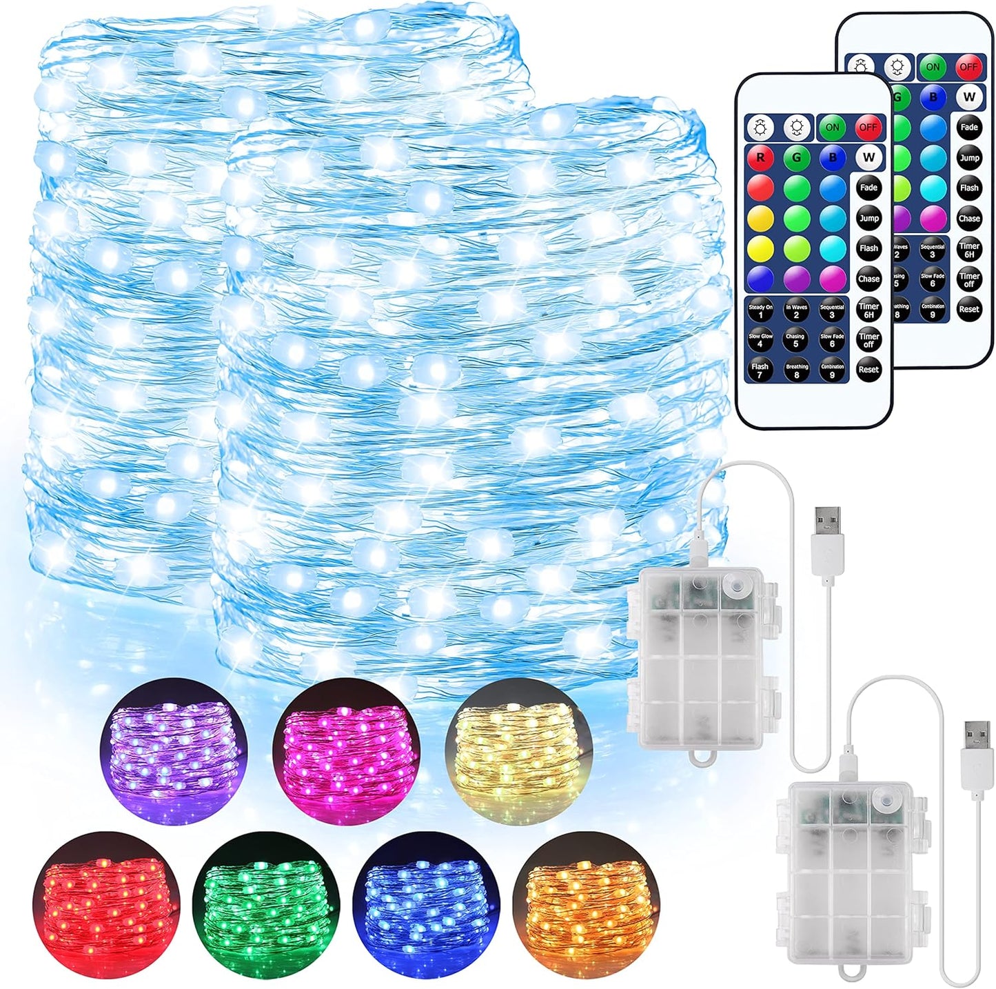 OMIKA 2 Pack 16.4ft 50 LED 16 Colors Battery Operated & USB Powered Fairy Lights, with Remote Waterproof LED String Lights for Bedroom Garden Patio Party Indoor Outdoor Decor(132 Modes)