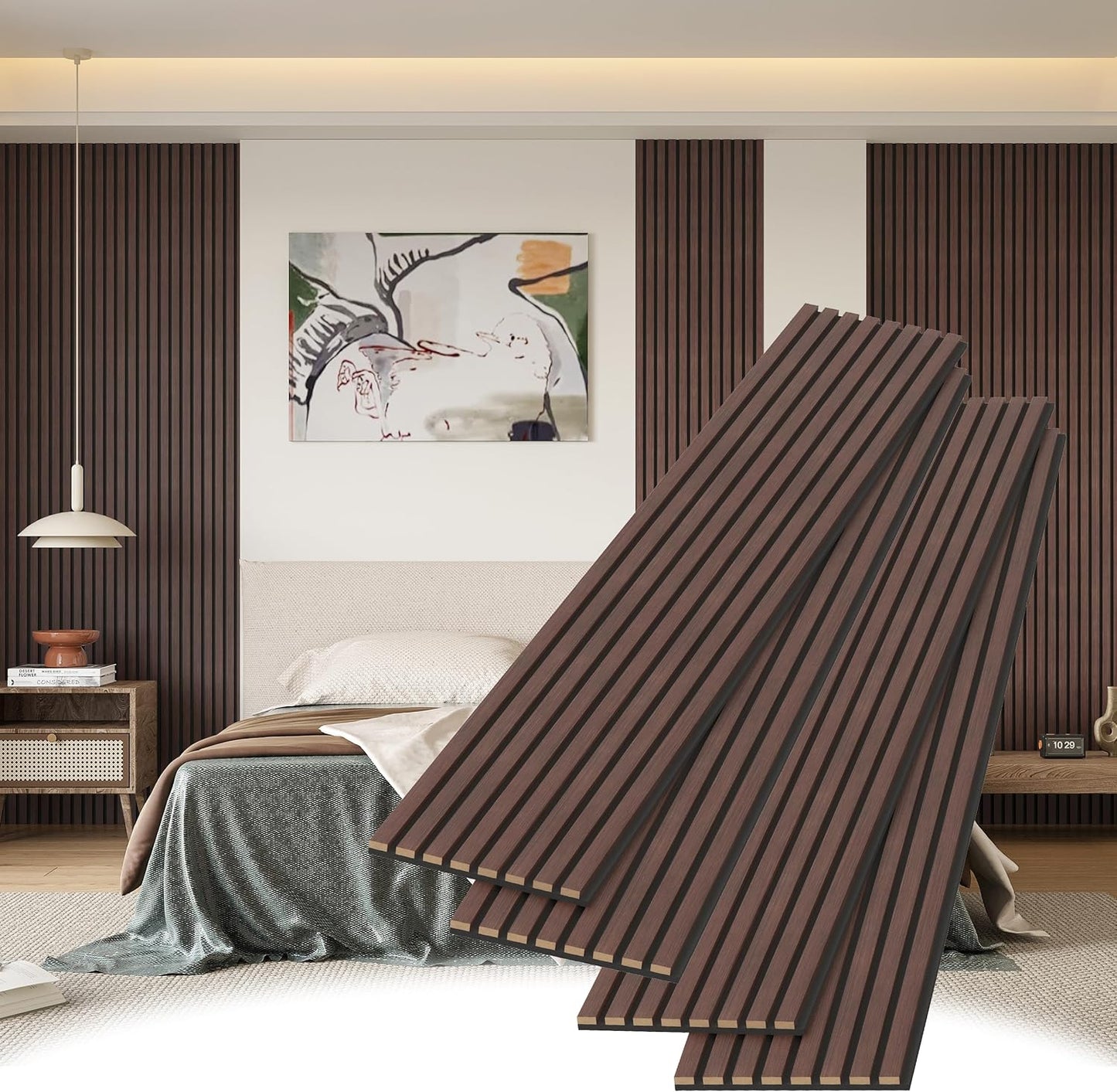 Decorative Slat Wall Panels, 4 Pack, 8 x 1 ft, Modern Acoustic Wood Panels with Felt Backing, Walnut