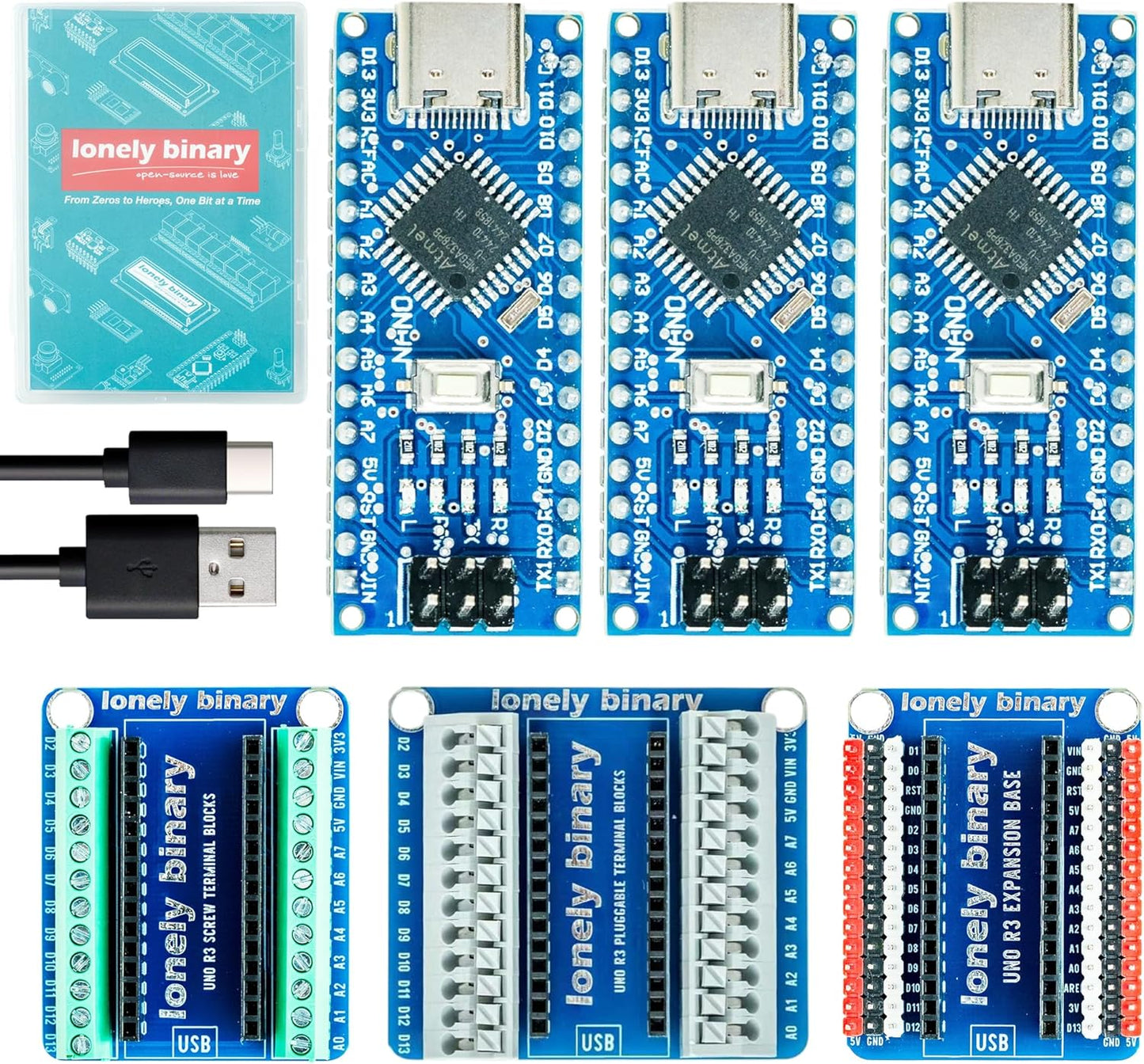 3-Pack Nano V3.0 Development Board Expansion Kit, 3 x Nano V3.0 Type-C & 3X Versatile Expansion Board (Screw, Non-Screw, 2.54mm) Compatible with Arduino IDE Prototyping Projects