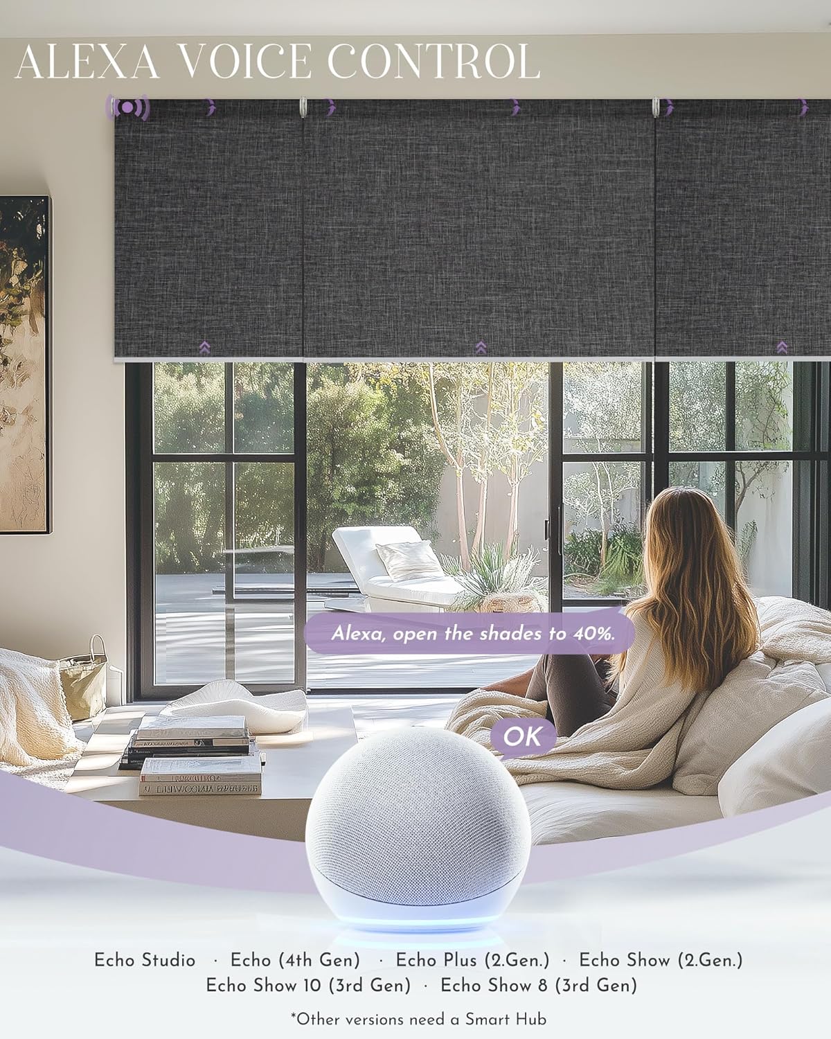 Graywind Smart Coupled Roller Shades Compatible with Alexa Google Custom Size Extra Large Motorized Blinds for Windows(Dark Grey)