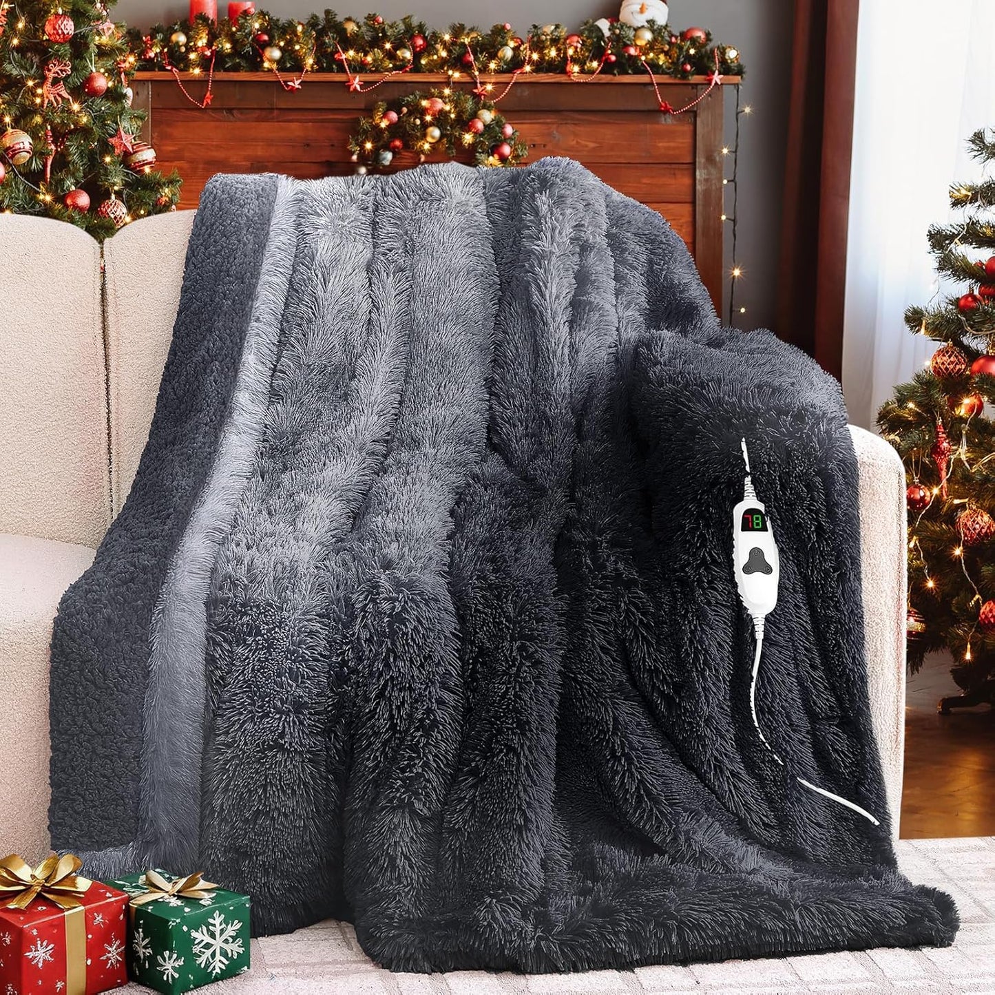 Heated Electric Blanket Throw–Faux Fur with Soft Thick Sherpa,Warm Winter Birthday Gifts for Women Grandma，10 Heat Settings,5 Time Settings with Fast Heating, 50x60, Midnight Black