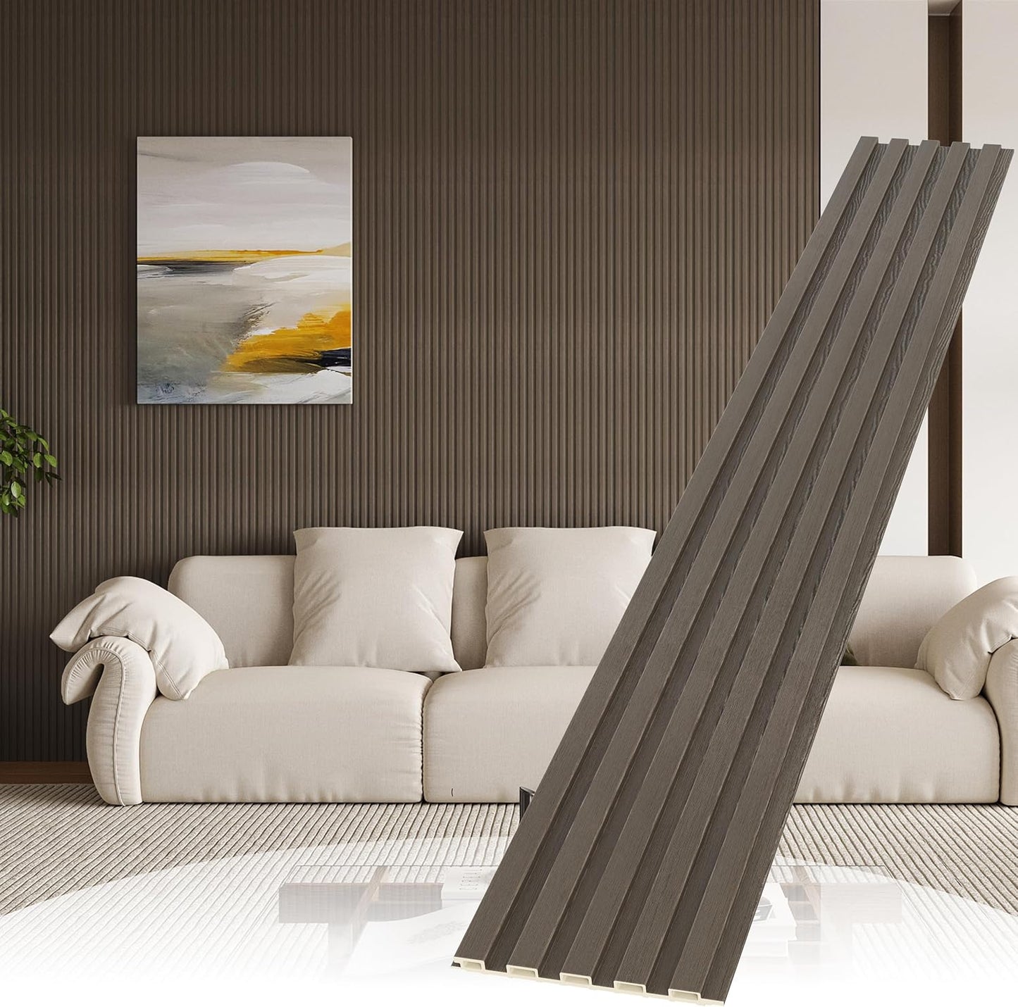 WPC Slat Wall Paneling, 8-Pack 3D WPC Wood Wall Panels, Acoustic Wall Panels for Interior Wall Decor, Living Room, Bedroom, Grayish Brown, 95 x 6 in