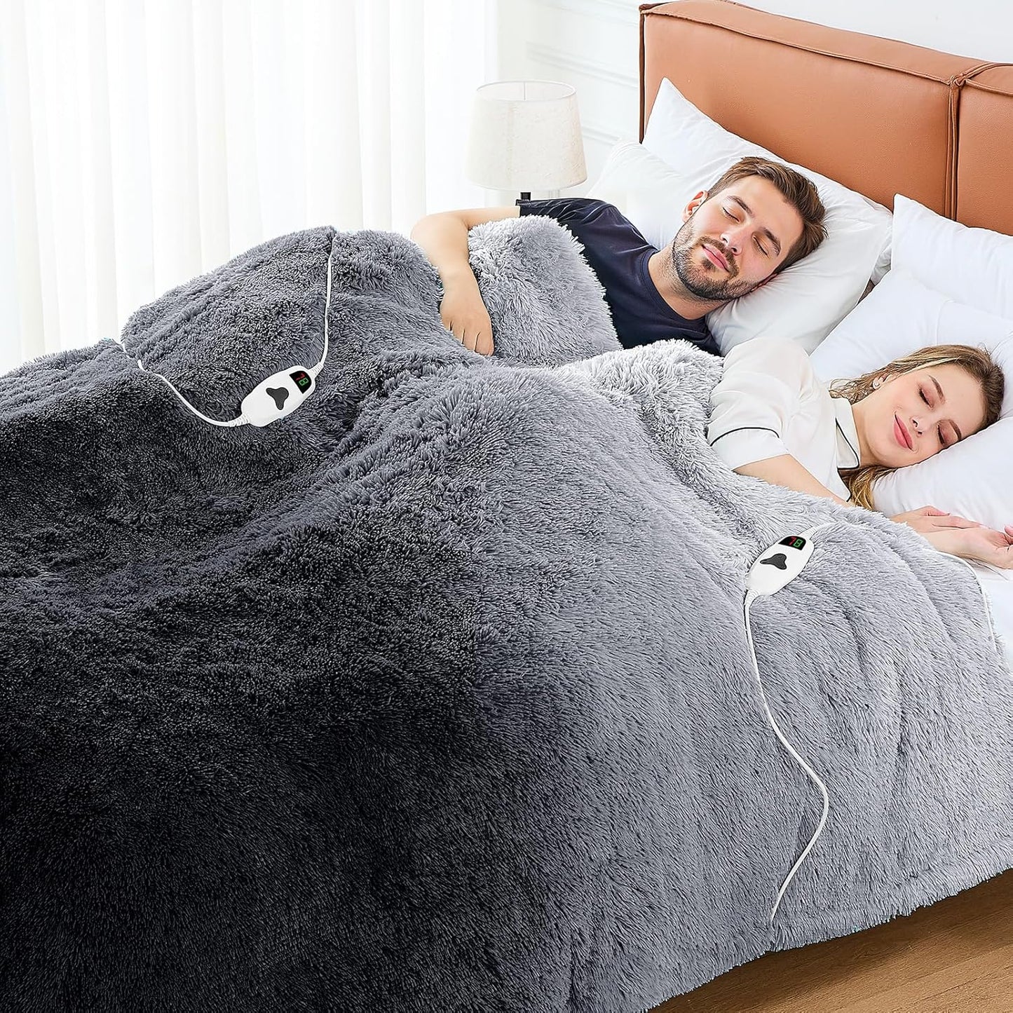 Heated Electric Blanket Queen–Faux Fur with Soft Thick SherpaWarm Winter Birthday Gifts for Women Grandma,Dual Control,10 Heat Settings,5 Time Settings, 84x90, Midnight Black