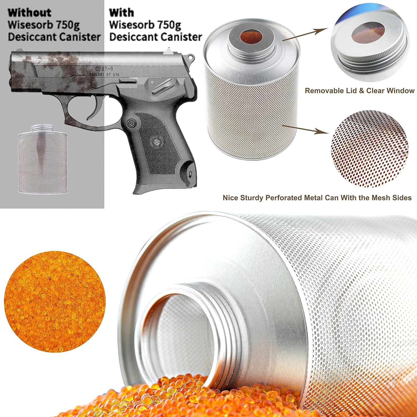 750 Grams 5 Pack Gun Safe Dehumidifier, Reusable Canister Desiccant Dehumidifier, Rechargeable 1.65 Lbs Indicating Silica Gel Orange To Green